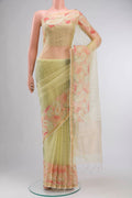 Yellow Organza Silk Saree with Embroidery on the body and Embroidery Border displayed on a mannequin