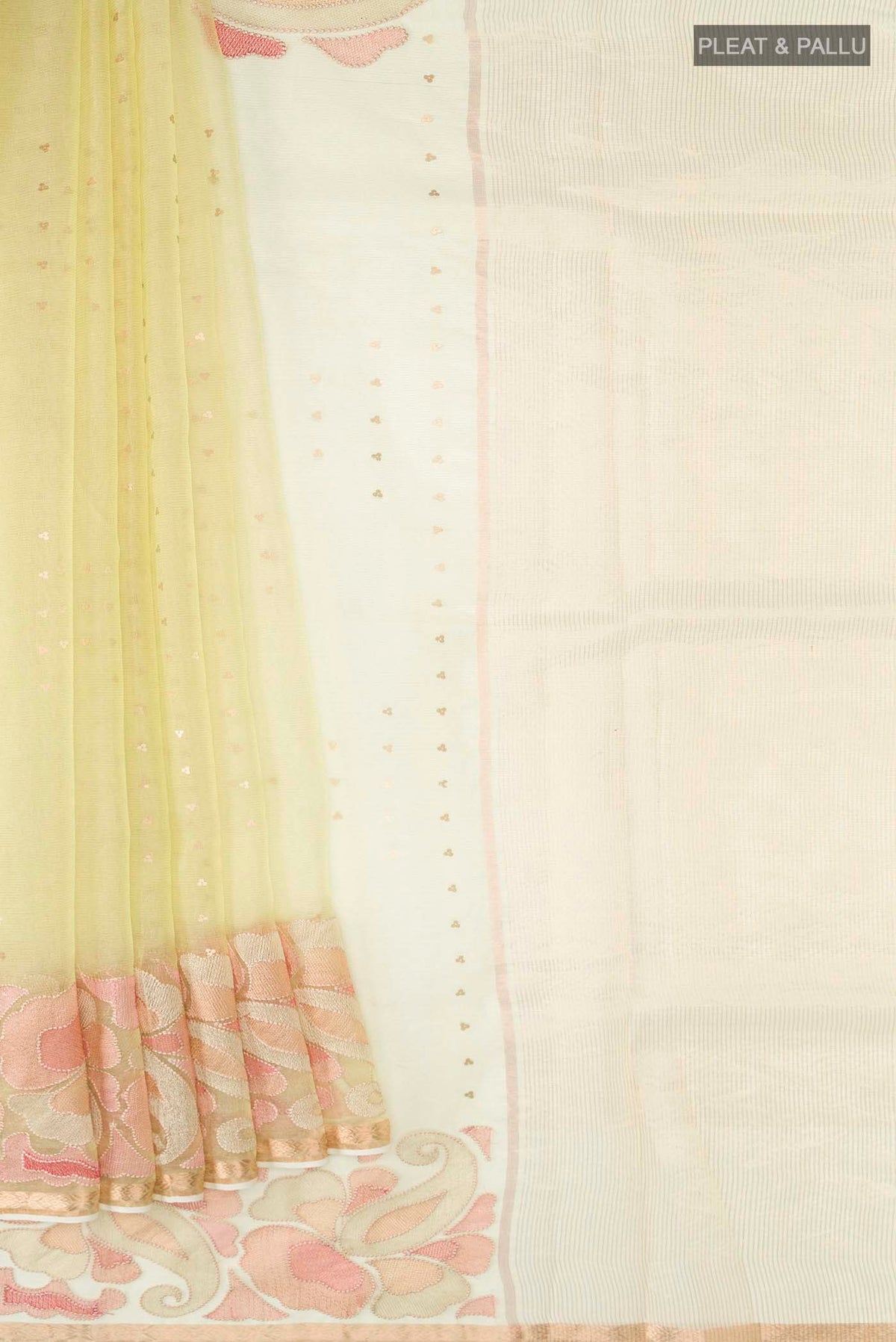 Pleats and pallu of Yellow Organza Silk Saree with Embroidery on the body and Embroidery Border