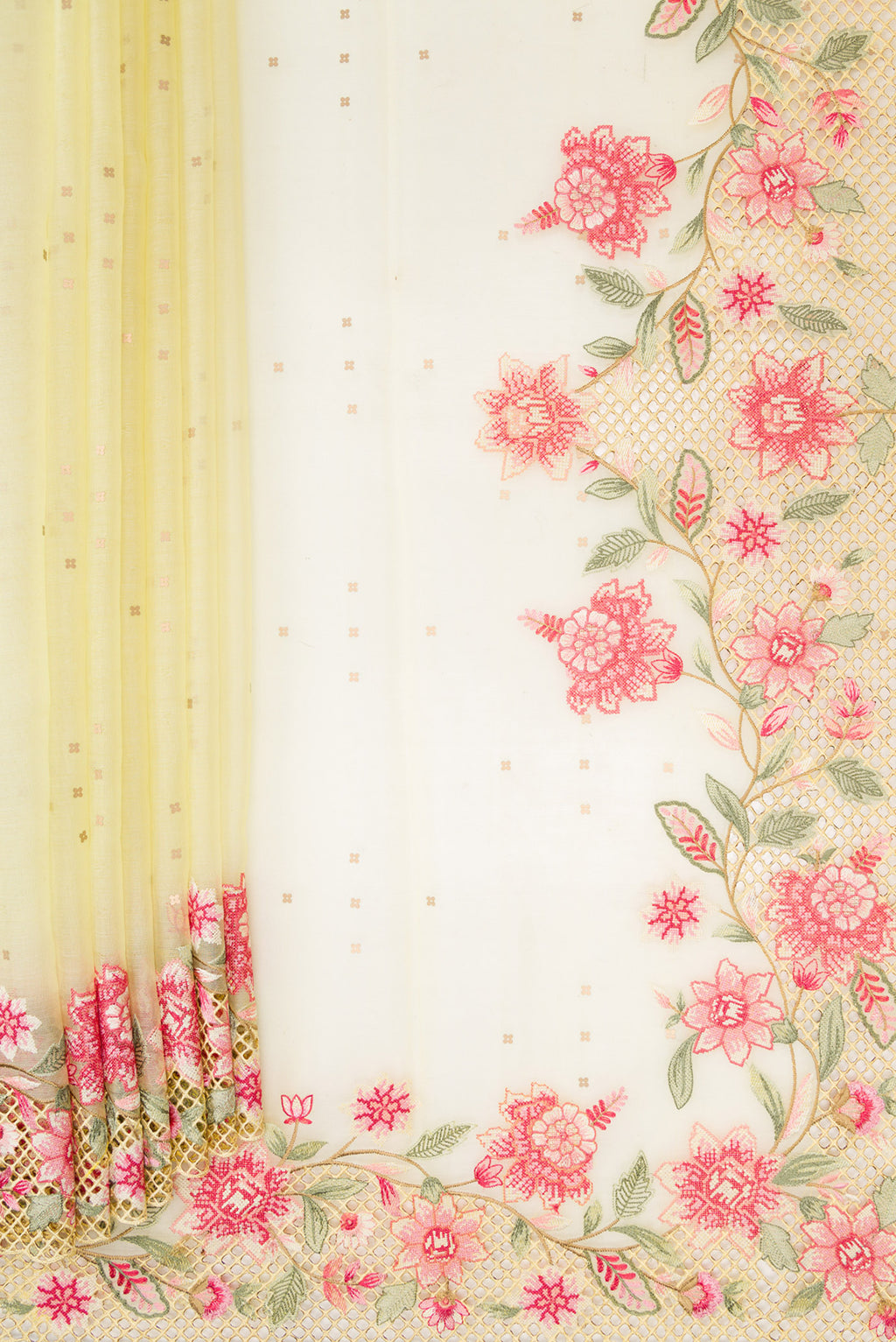 Pleats and pallu of Lemon Yellow Dual Tone Organza Silk Saree with Embroidery on the body and Embroidery Border. 