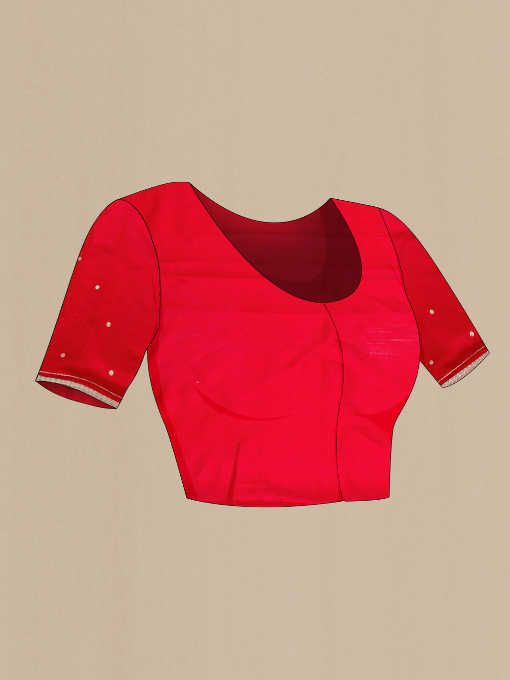 Close up image of the blouse of Red Dual Tone Organza Silk Saree with Zari Butta on the body and Embroidery Border. 
