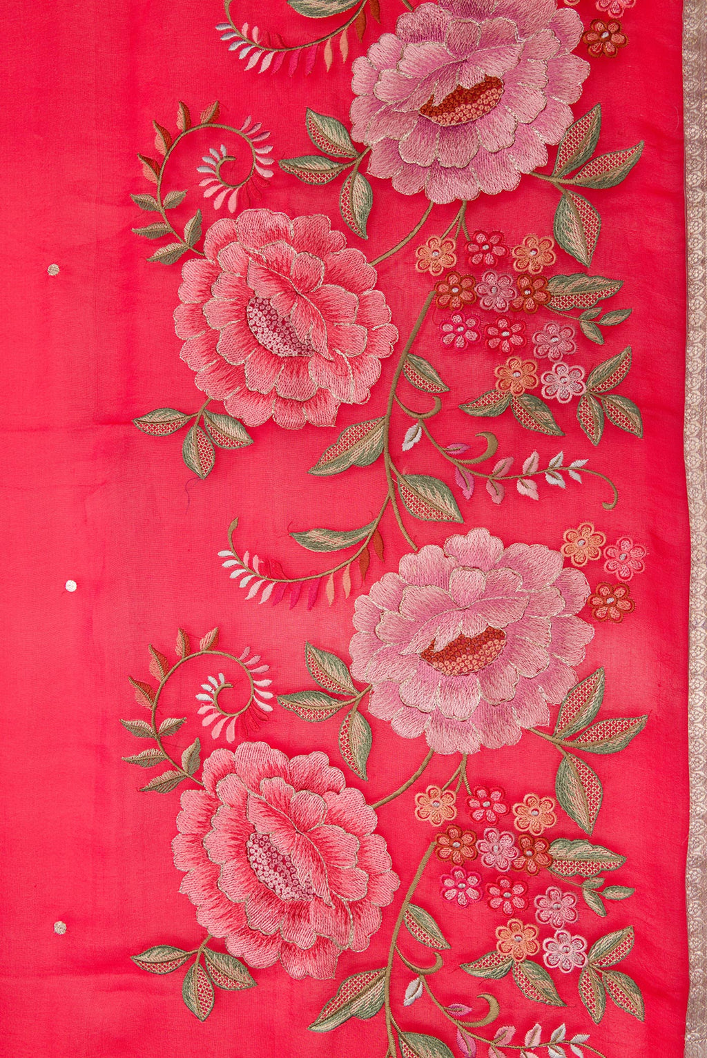 Border image of Red Dual Tone Organza Silk Saree with Zari Butta on the body and Embroidery Border. 