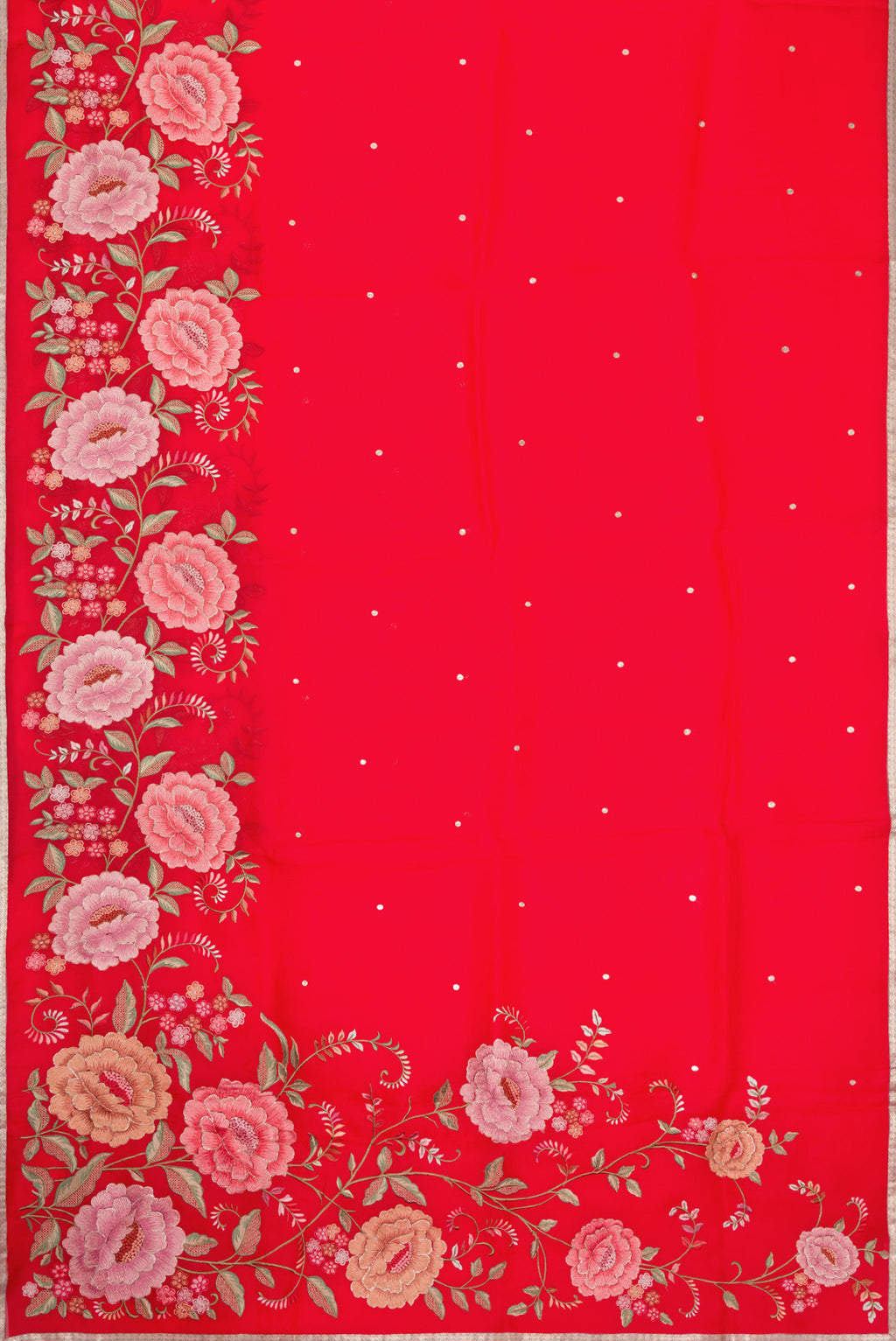 Flat view of Red Dual Tone Organza Silk Saree with Zari Butta on the body and Embroidery Border. 