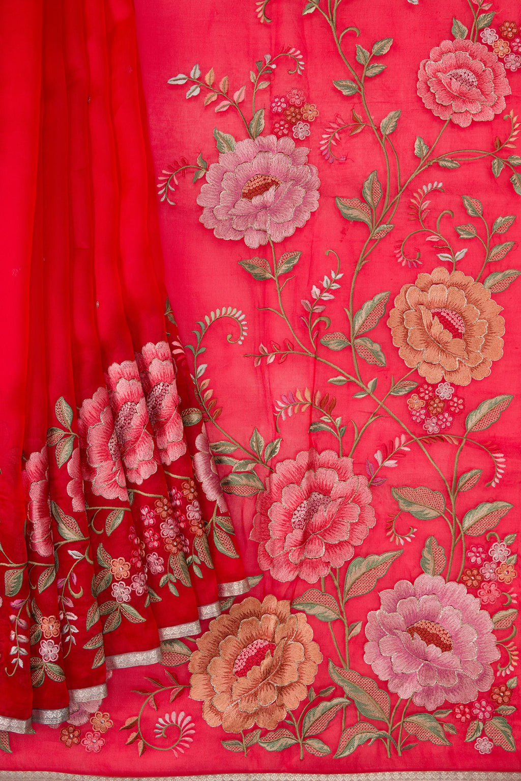 Pleats and pallu of Red Dual Tone Organza Silk Saree with Zari Butta on the body and Embroidery Border. 
