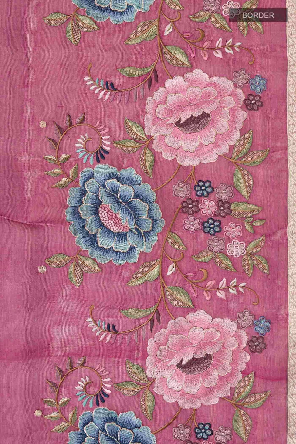 Border image of Maroon Organza Silk Saree with Embroidery on the body and Zari Border