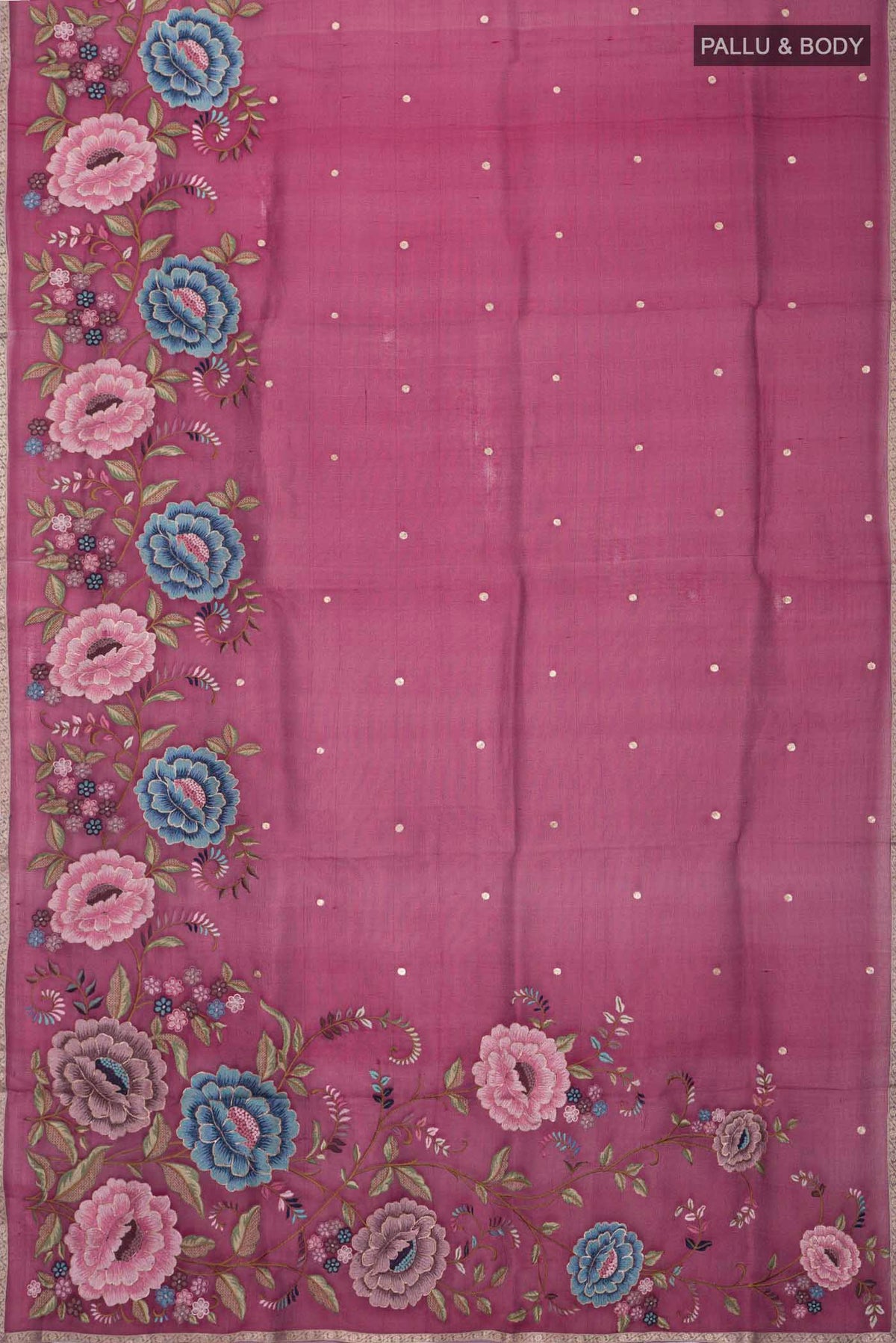 Flat view of Maroon Organza Silk Saree with Embroidery on the body and Zari Border
