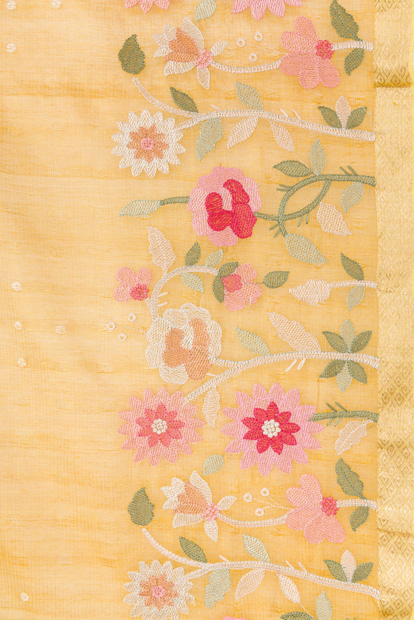 Border image of Gold Dual Tone Tussar Silk Saree with Zari Butta on the body and Embroidery Border. 