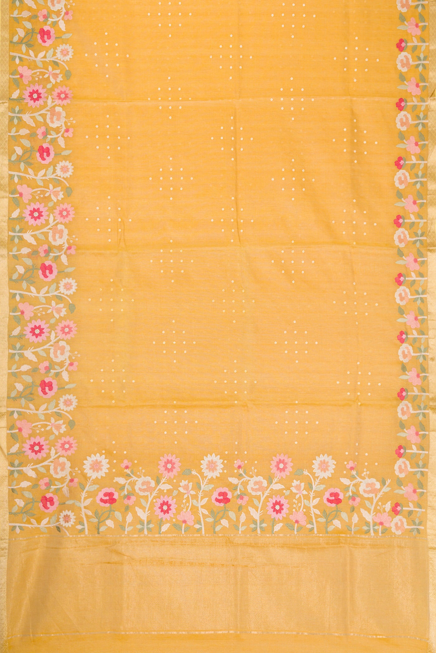 Flat view of Gold Dual Tone Tussar Silk Saree with Zari Butta on the body and Embroidery Border. 