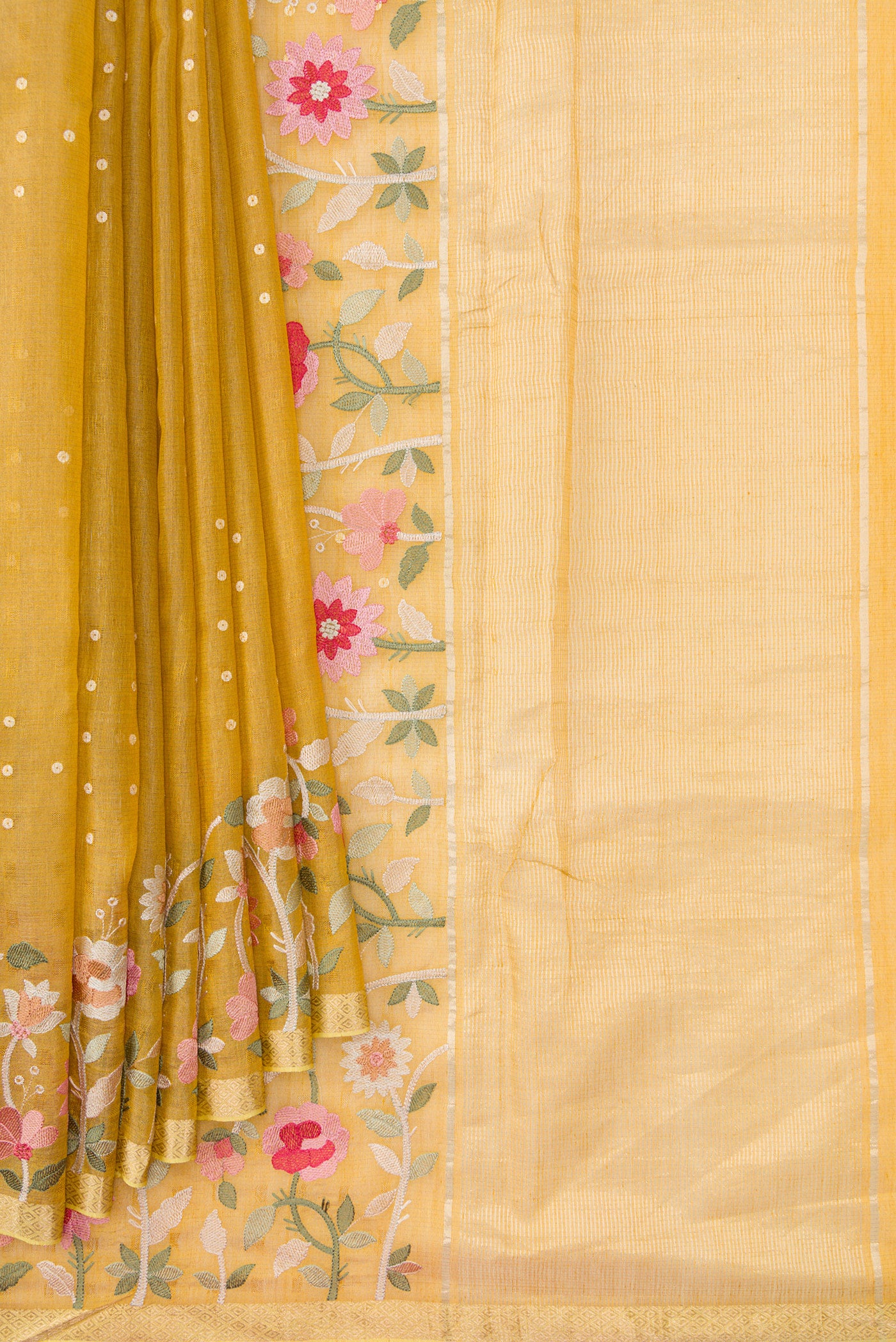 Pleats and pallu of Gold Dual Tone Tussar Silk Saree with Zari Butta on the body and Embroidery Border. 
