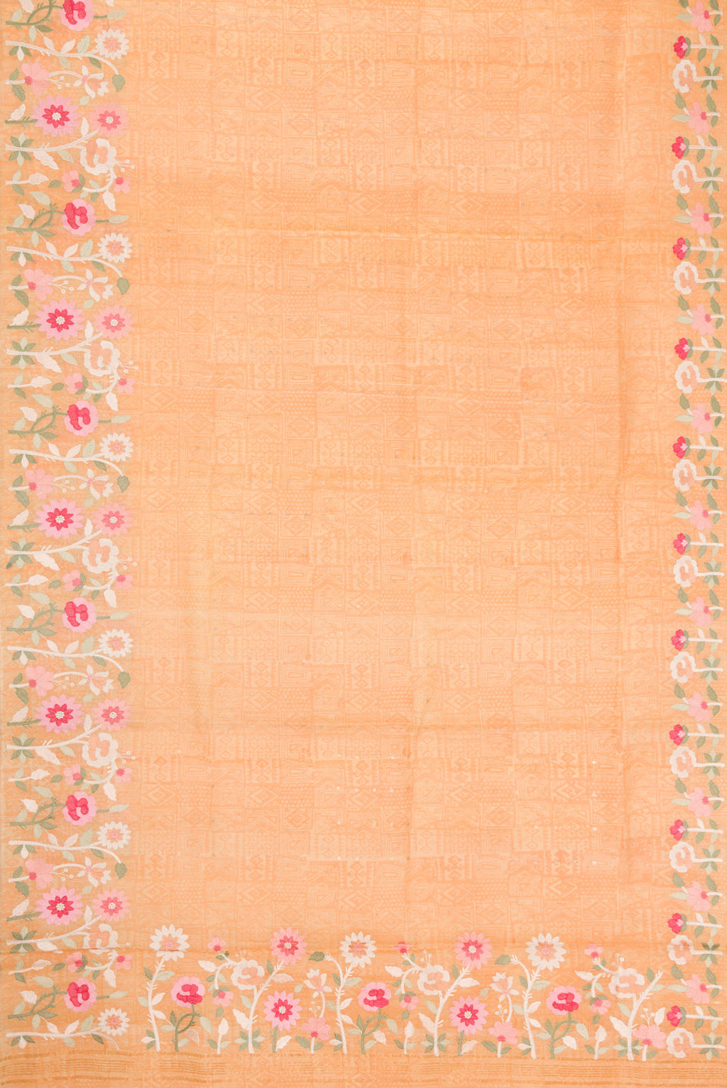 Flat view of Beige Dual Tone Organza Silk Saree with Printed design on the body and Embroidery Border. 