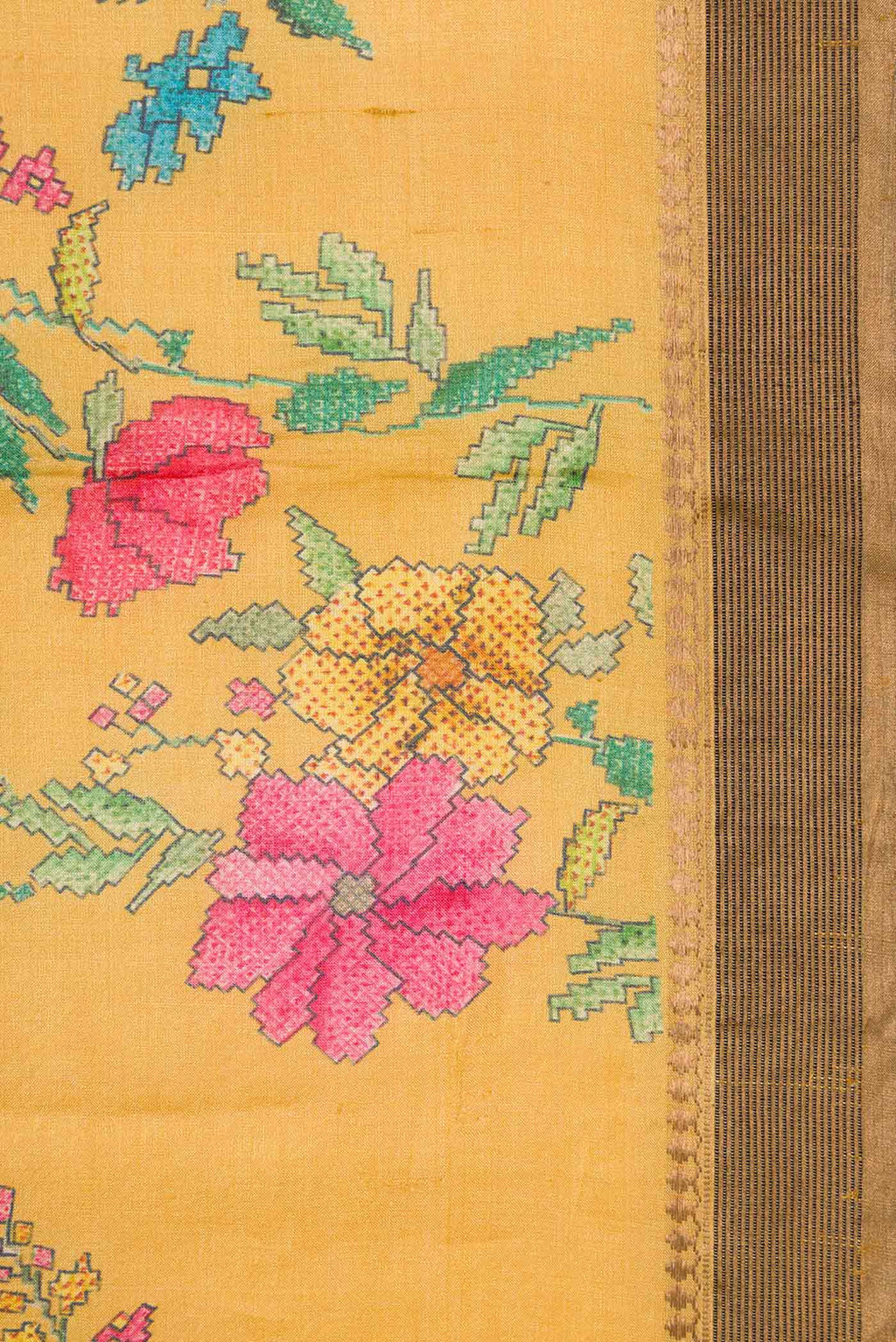 Border image of Mustard Dual Tone Tussar Silk Saree with Printed design on the body and Zari Border