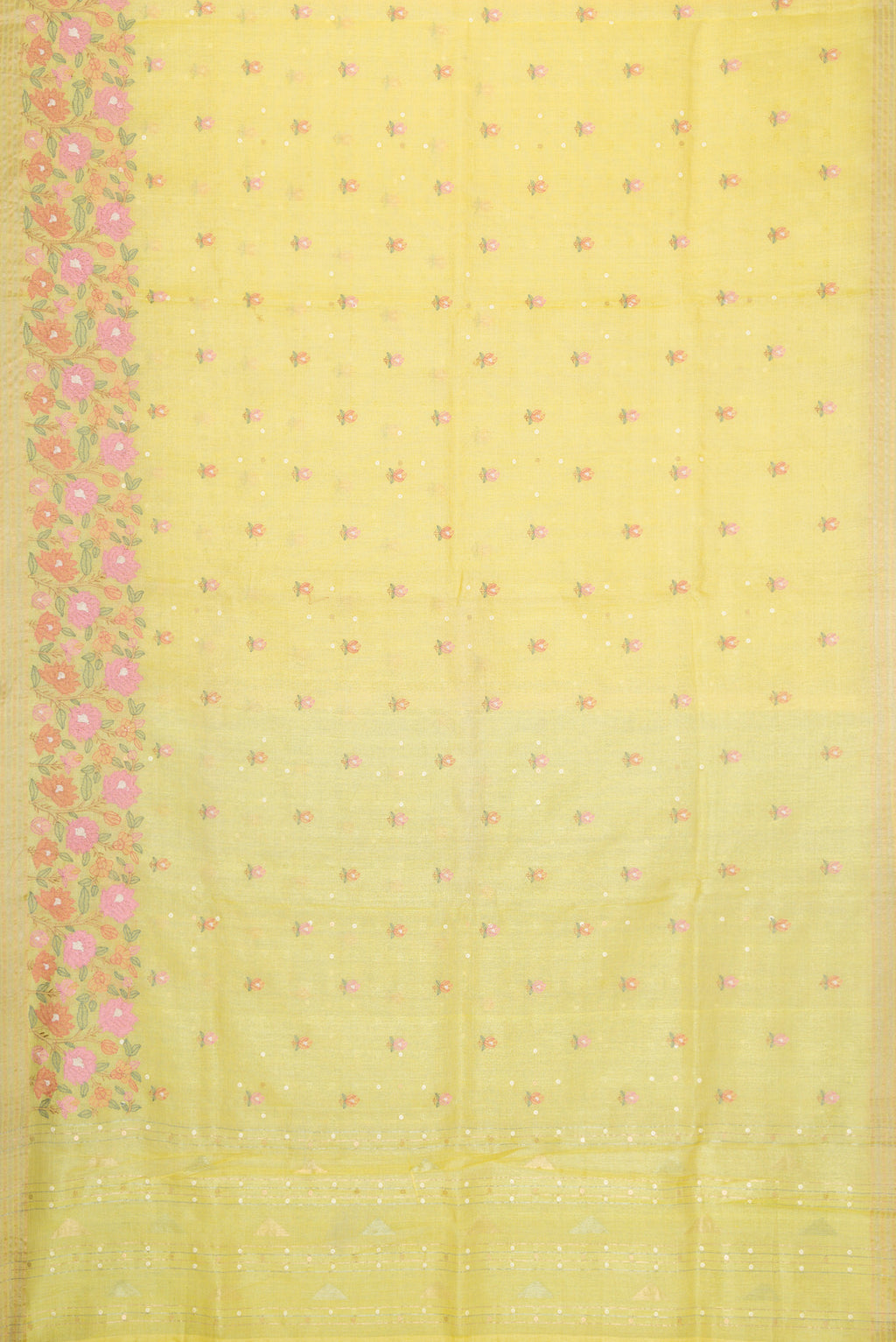 Flat view of Lemon Yellow Dual Tone Tussar Silk Saree with Embroidery on the body and Fancy Border. 