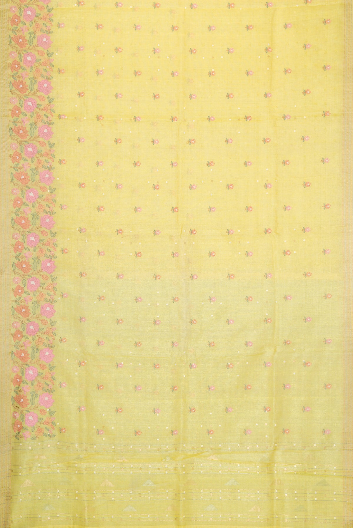 Flat view of Lemon Yellow Dual Tone Tussar Silk Saree with Embroidery on the body and Fancy Border. 