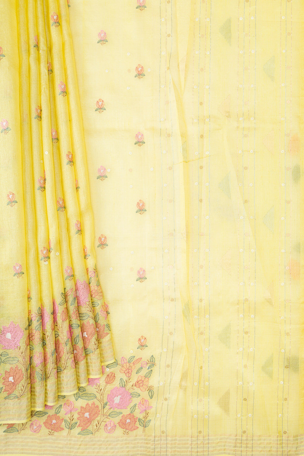 Pleats and pallu of Lemon Yellow Dual Tone Tussar Silk Saree with Embroidery on the body and Fancy Border. 