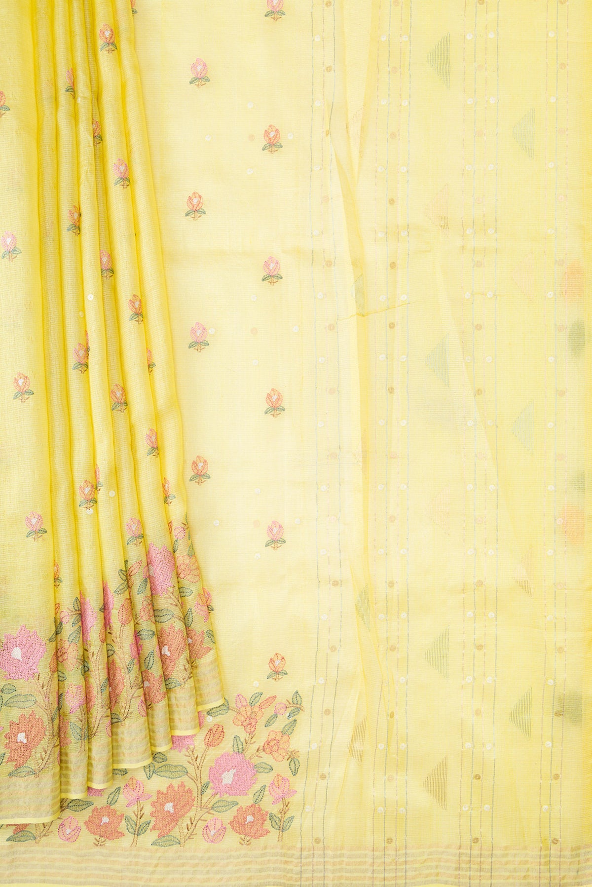 Pleats and pallu of Lemon Yellow Dual Tone Tussar Silk Saree with Embroidery on the body and Fancy Border. 
