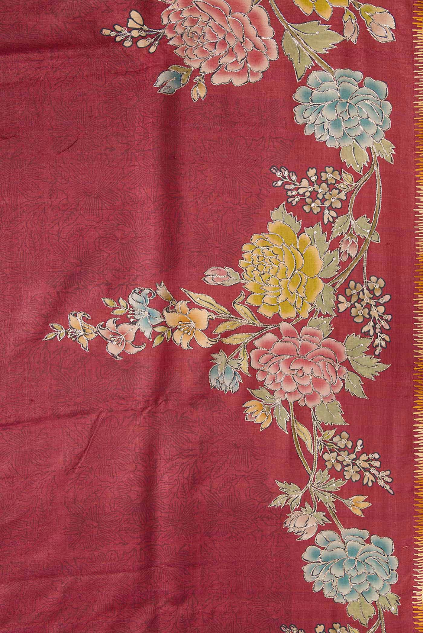 Border image of Maroon Tussar Silk Saree with Floral Print on the body and Embroidery Border