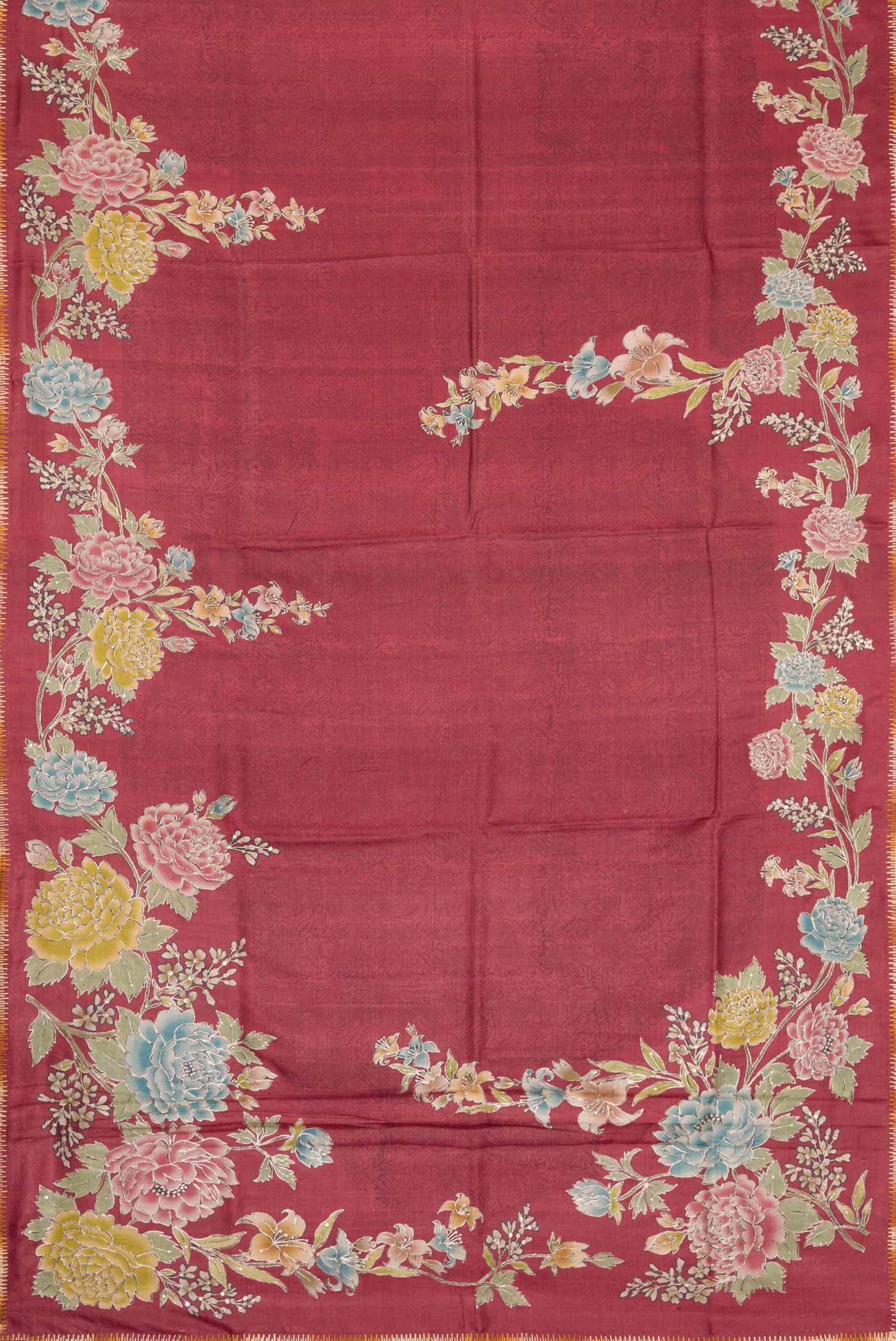 Flat view of Maroon Tussar Silk Saree with Floral Print on the body and Embroidery Border