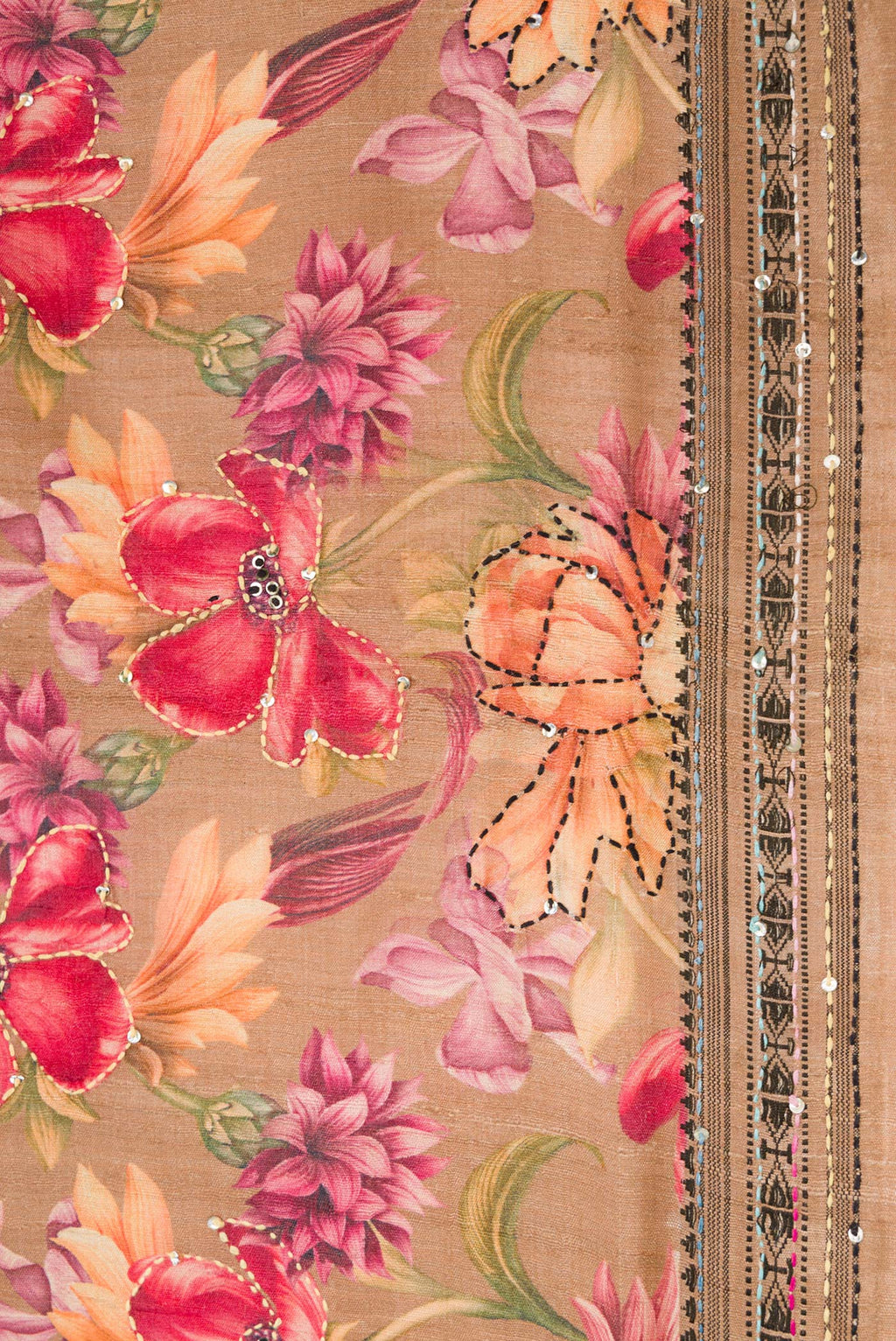 Border image of Brown Dual Tone Tussar Saree with Printed design on the body and Embroidery Border. 