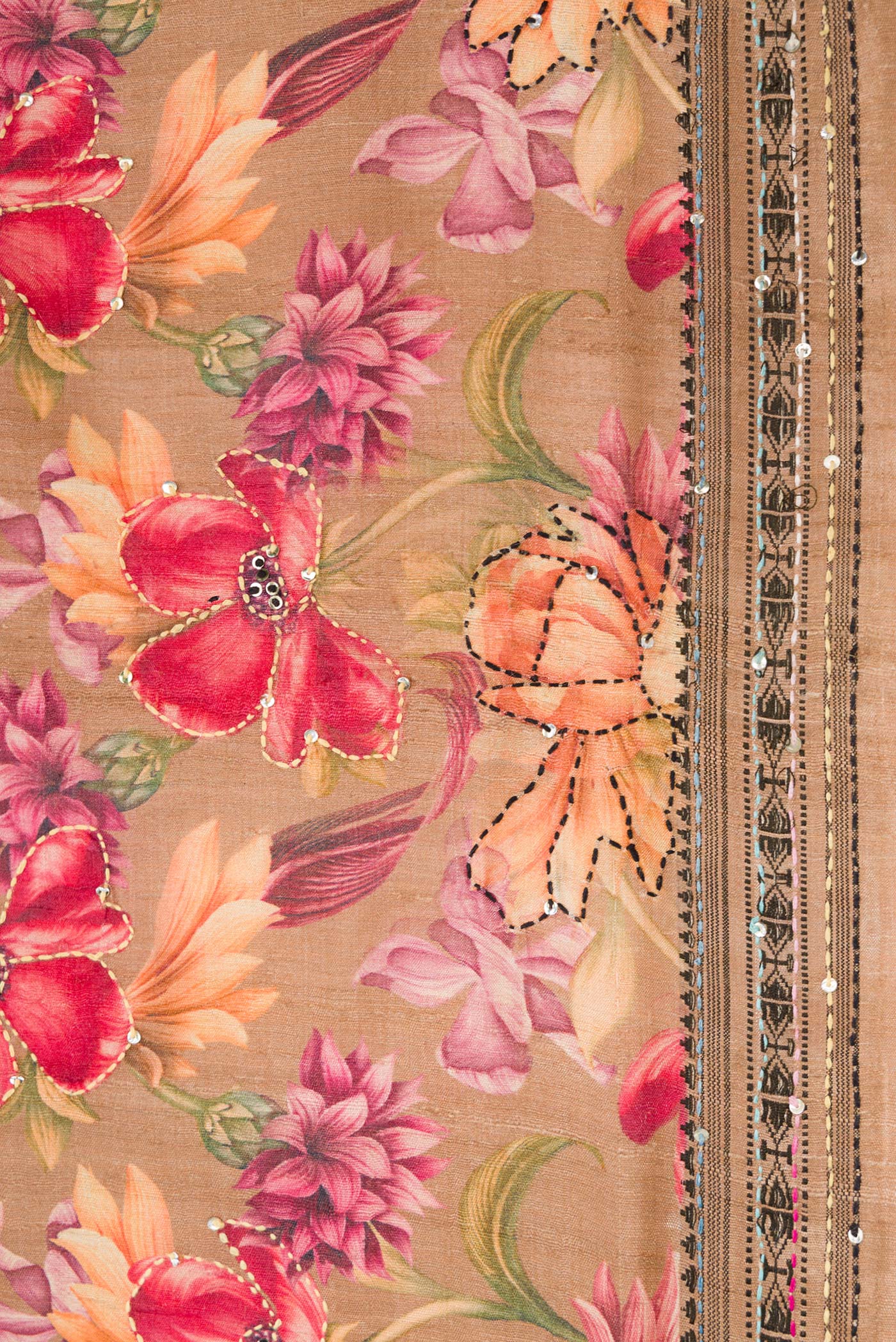 Border image of Brown Dual Tone Tussar Saree with Printed design on the body and Embroidery Border. 