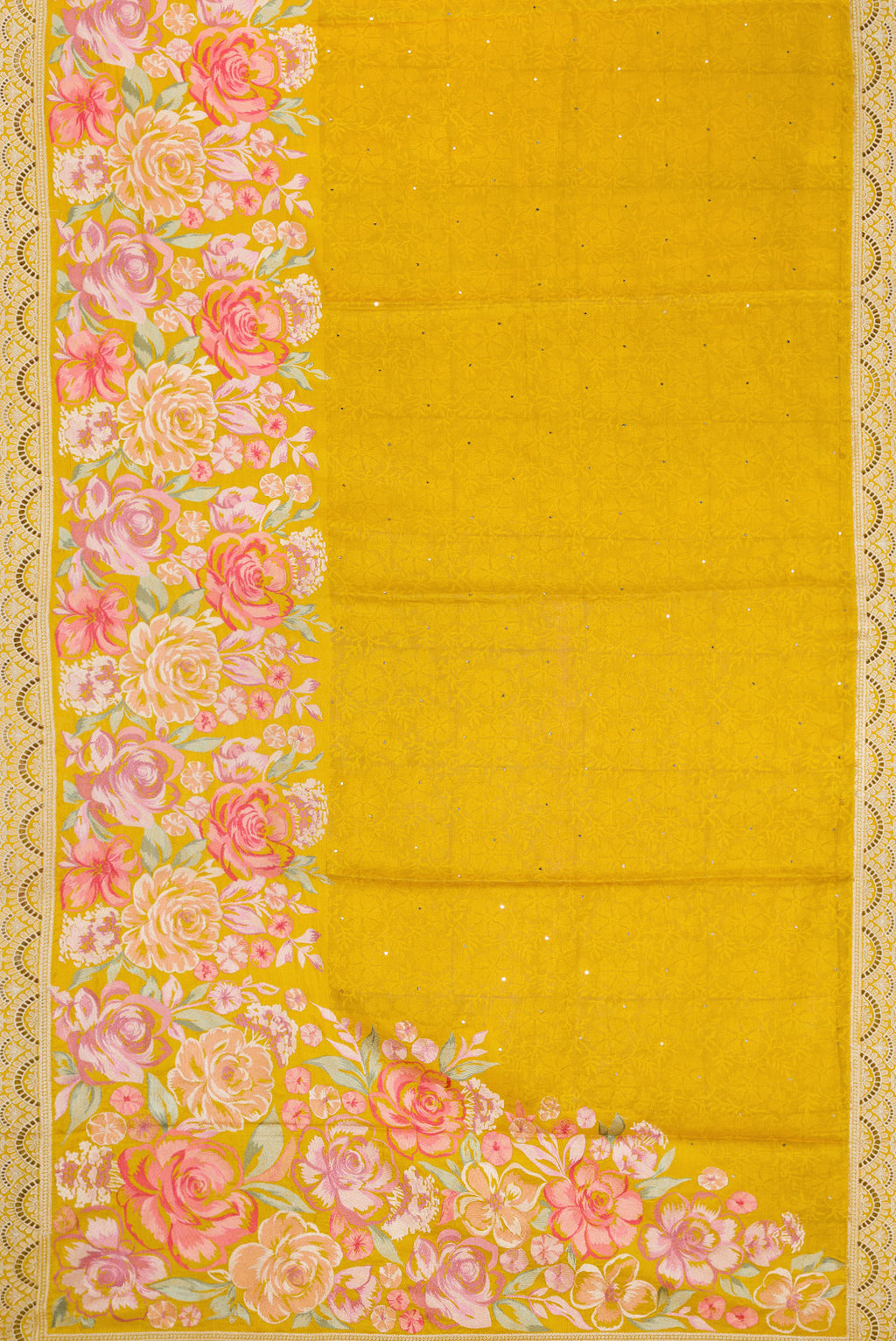 Flat view of Mustard Dual Tone Tussar Silk Saree with Embroidery on the body and Embroidery Border. 