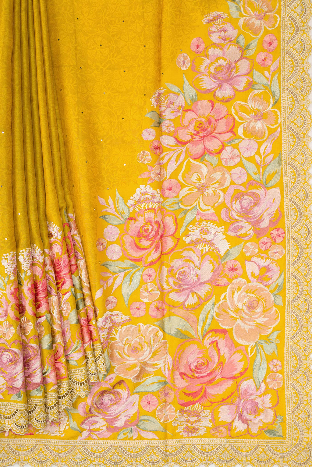 Pleats and pallu of Mustard Dual Tone Tussar Silk Saree with Embroidery on the body and Embroidery Border. 