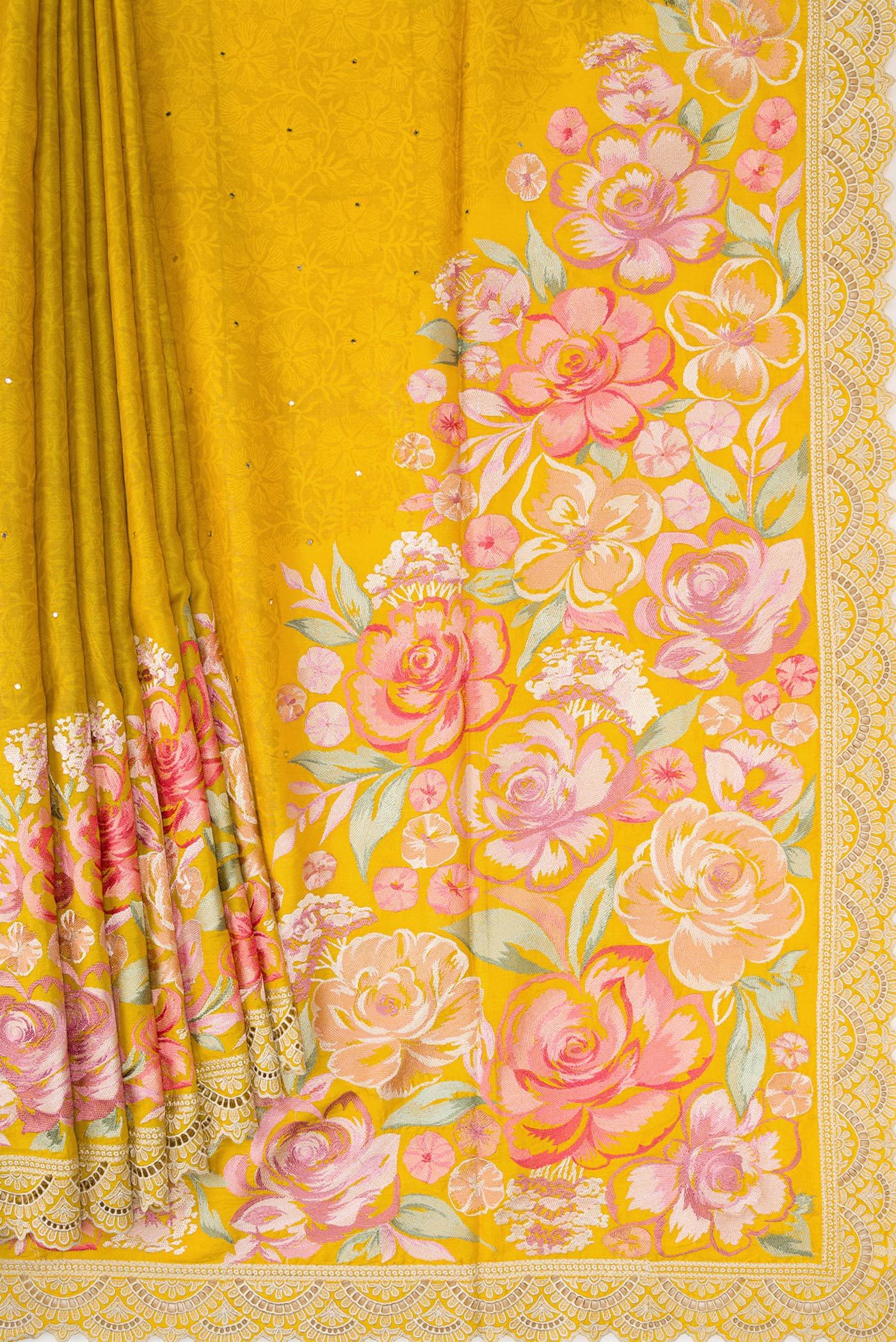 Pleats and pallu of Mustard Dual Tone Tussar Silk Saree with Embroidery on the body and Embroidery Border. 