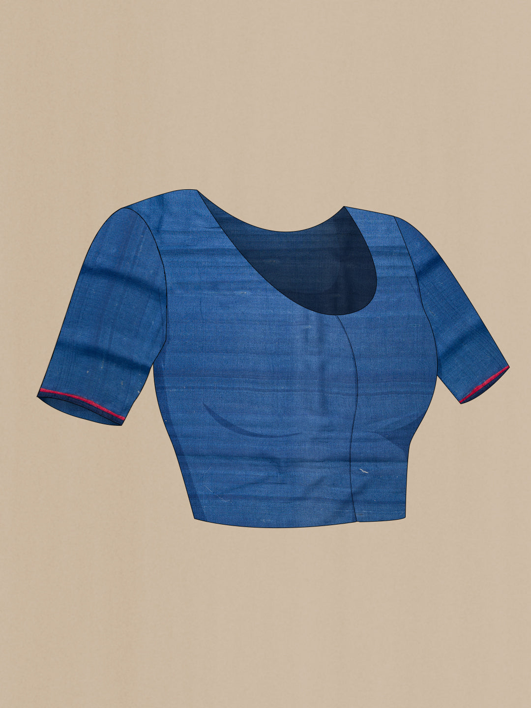 Close up image of the blouse of Navy Blue Dual Tone Tussar Silk Saree with Plain Body and Embroidery Border. 