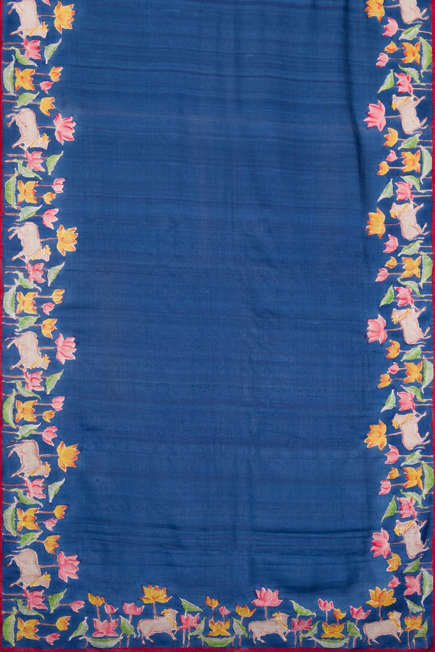Flat view of Navy Blue Dual Tone Tussar Silk Saree with Plain Body and Embroidery Border. 