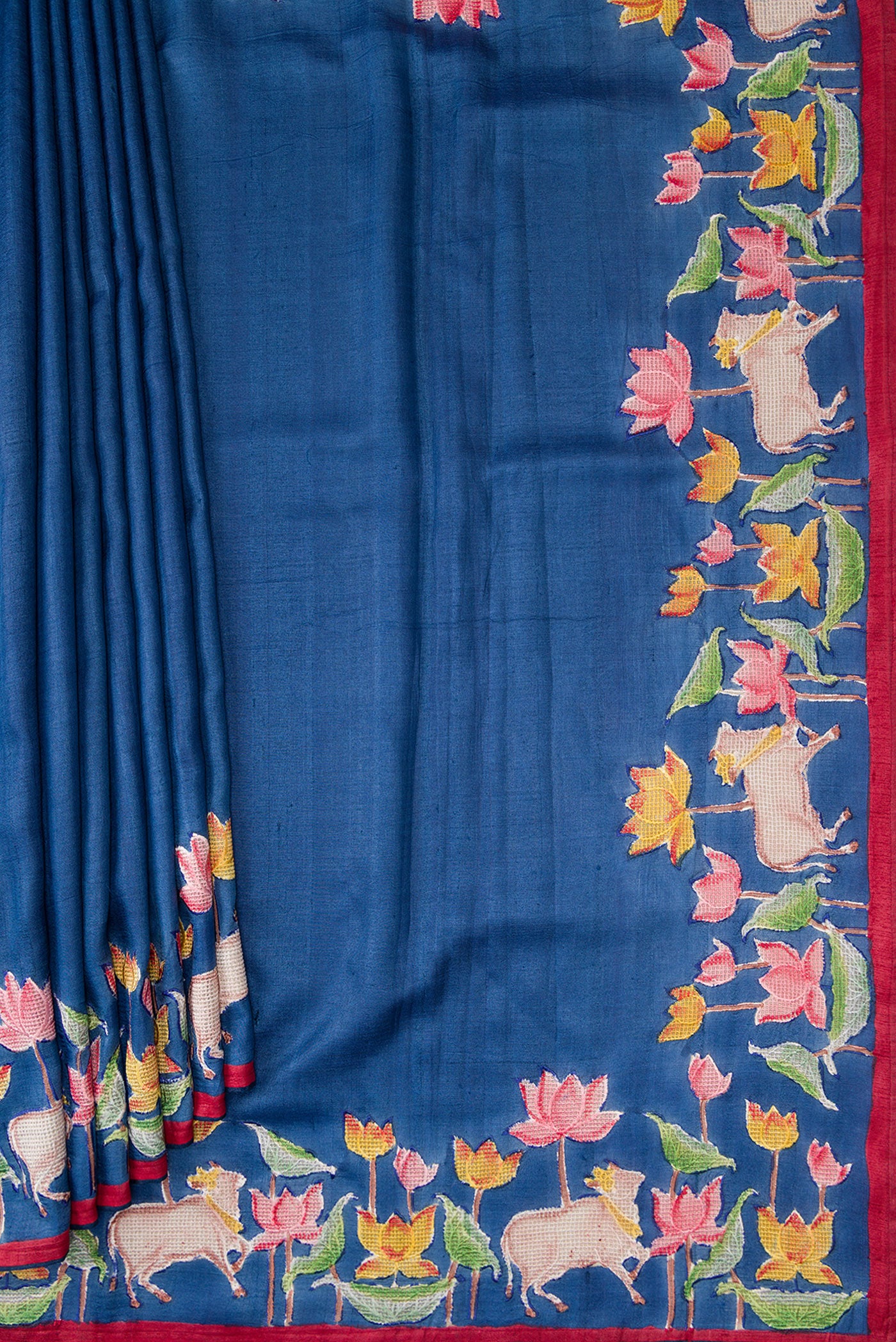 Pleats and pallu of Navy Blue Dual Tone Tussar Silk Saree with Plain Body and Embroidery Border. 