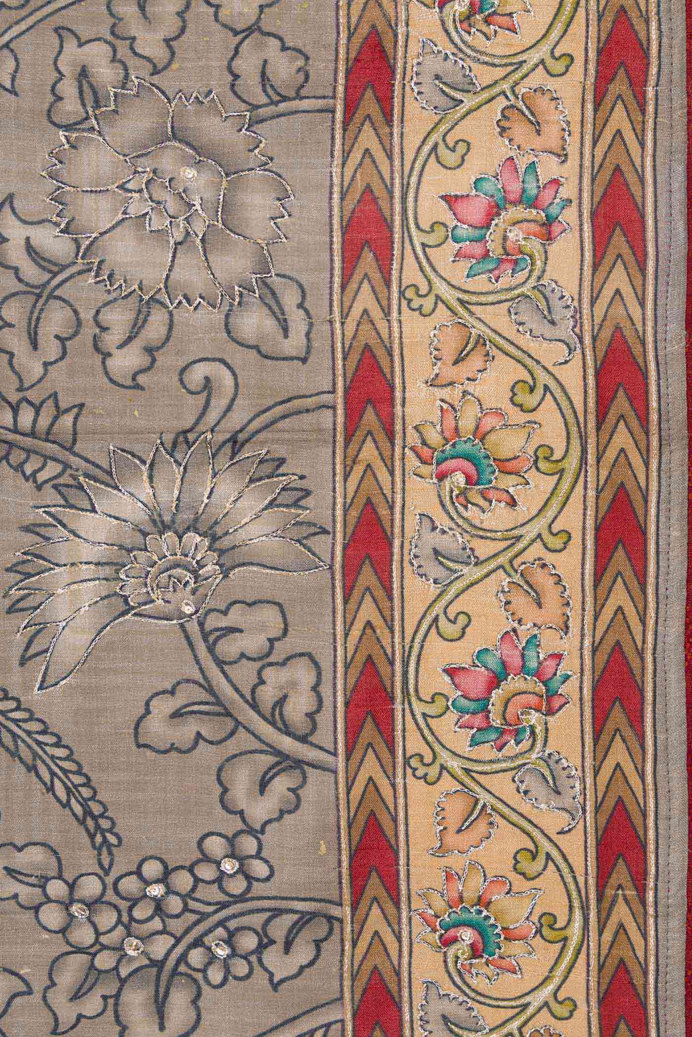 Border image of Grey Dual Tone Tussar Silk Saree with Printed design on the body and Embroidery Border