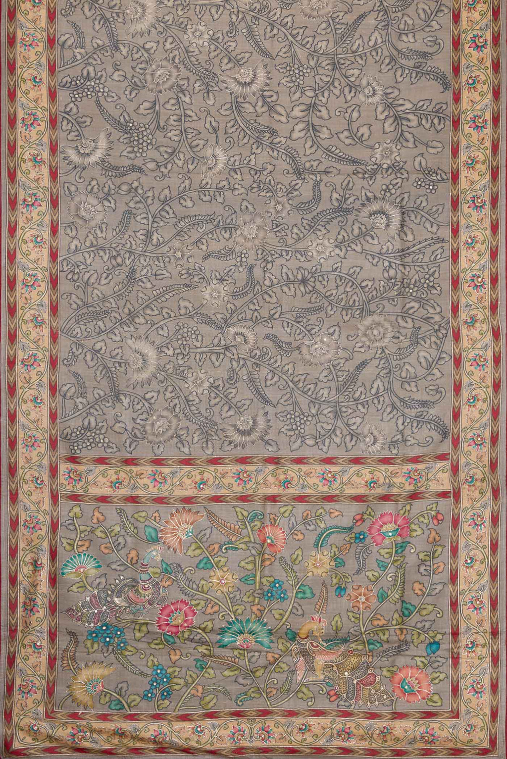 Flat view of Grey Dual Tone Tussar Silk Saree with Printed design on the body and Embroidery Border