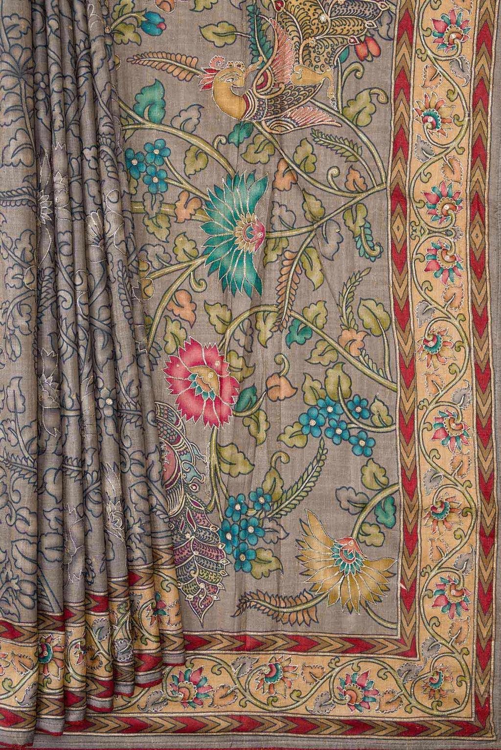 Pleats and pallu of Grey Dual Tone Tussar Silk Saree with Printed design on the body and Embroidery Border