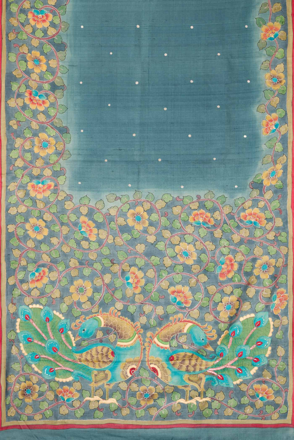 Flat view of Blue Grey Dual Tone Tussar Silk Saree with Embroidery on the body and Embroidery Border