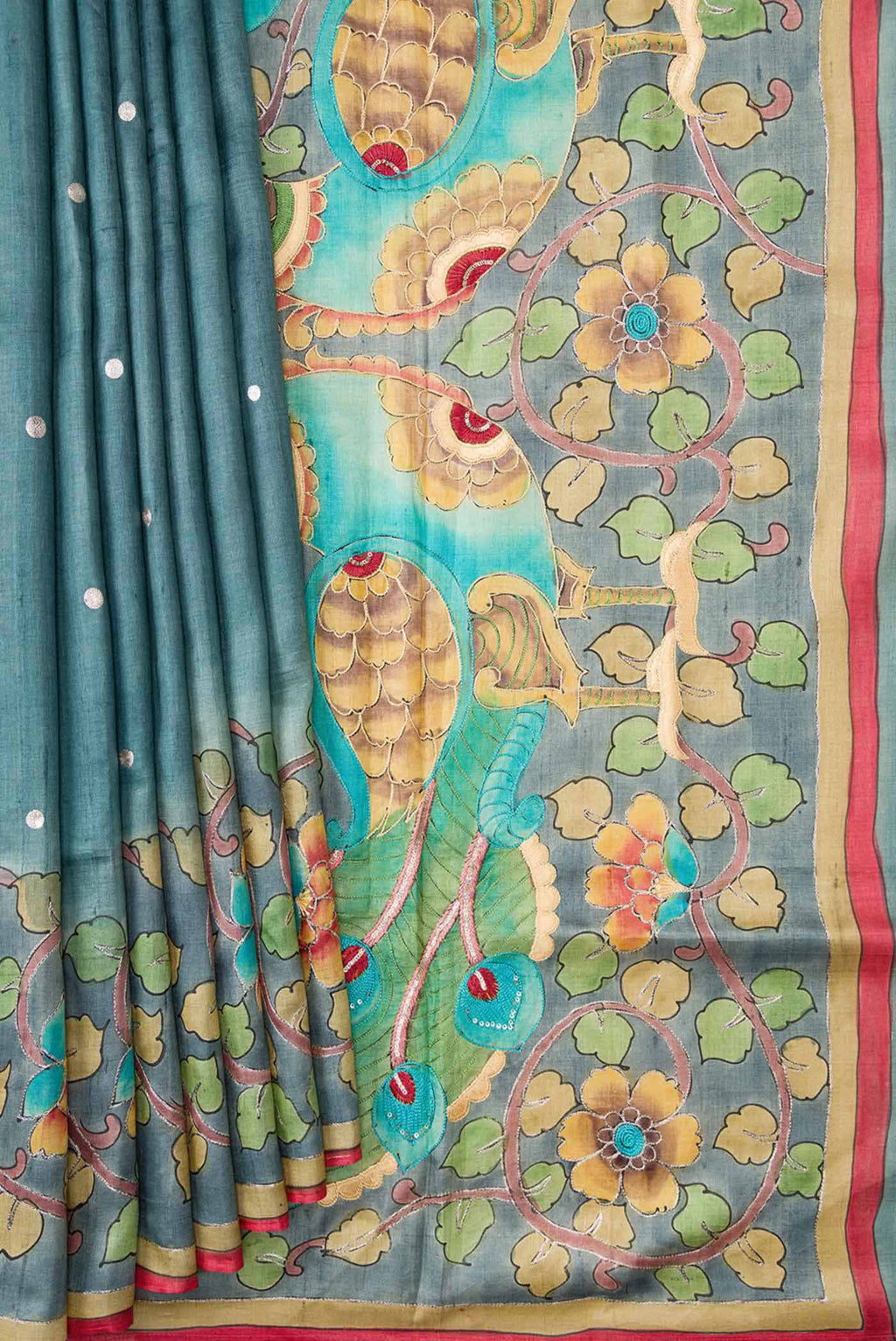 Pleats and pallu of Blue Grey Dual Tone Tussar Silk Saree with Embroidery on the body and Embroidery Border