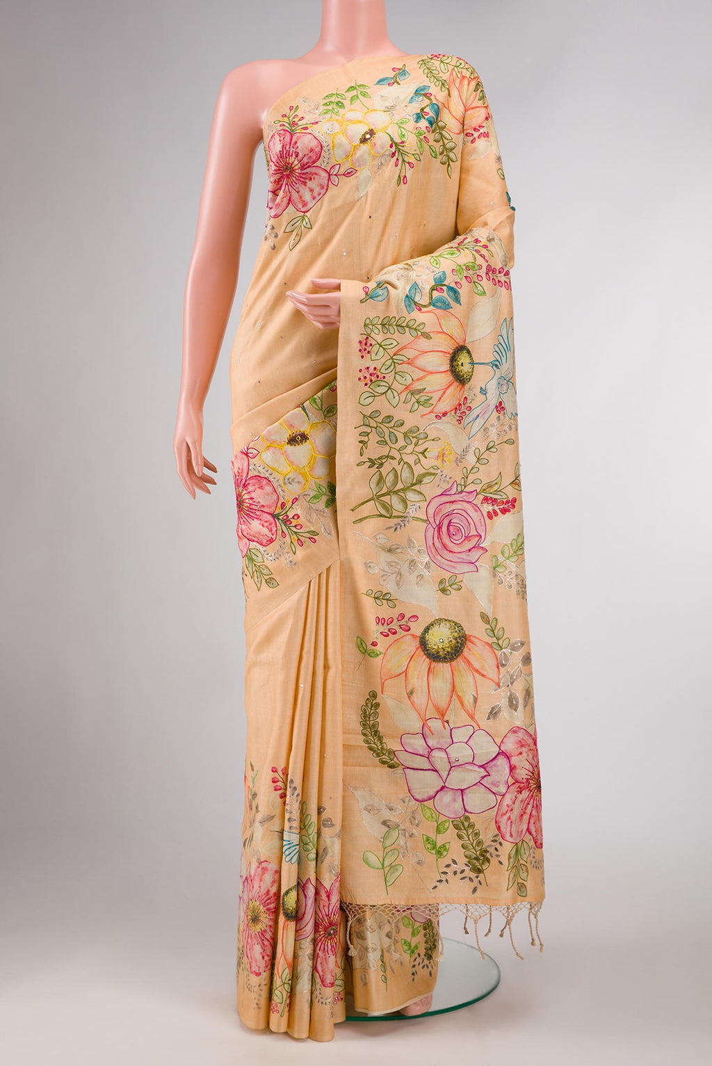 Sandal Dual Tone Tussar Silk Saree with Embroidery on the body and Embroidery Border displayed on a mannequin