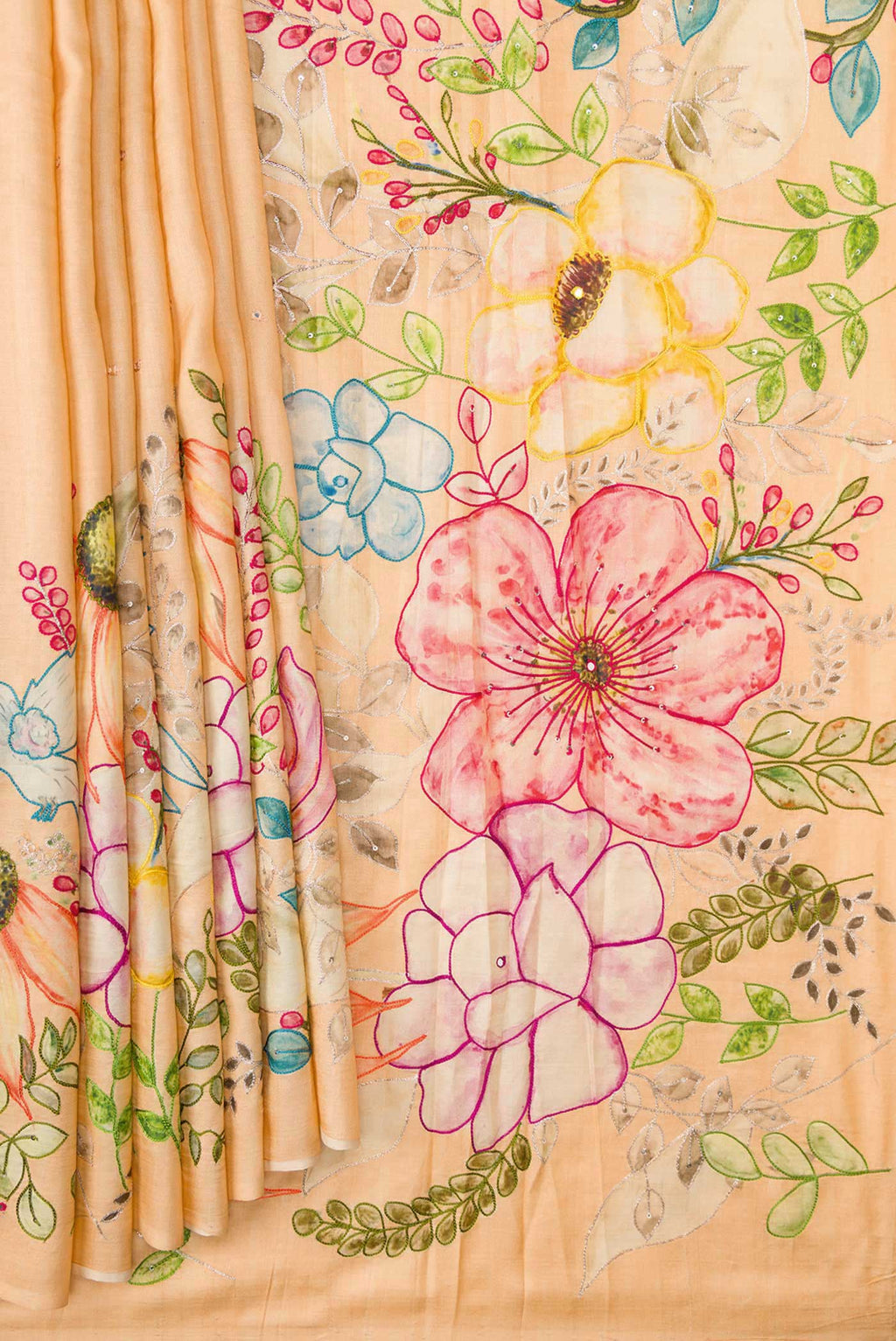 Pleats and pallu of Sandal Dual Tone Tussar Silk Saree with Embroidery on the body and Embroidery Border