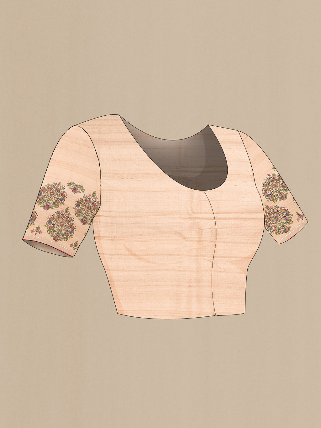 Close up image of the blouse of Pink Dual Tone Tussar Silk Saree with Embroidery on the body and Embroidery Border. 