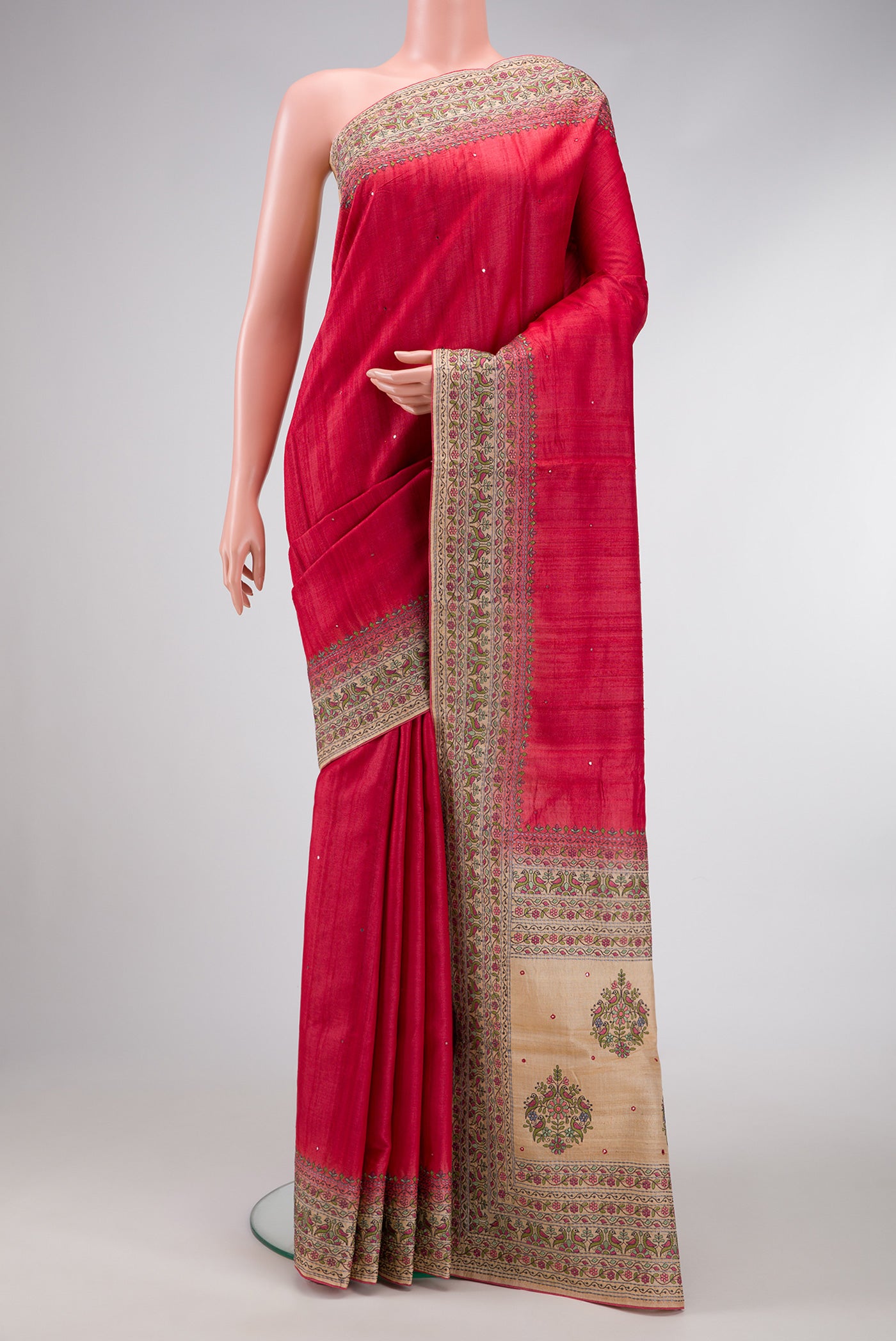 Pink Dual Tone Tussar Silk Saree with Embroidery on the body and Embroidery Border.  displayed on a mannequin