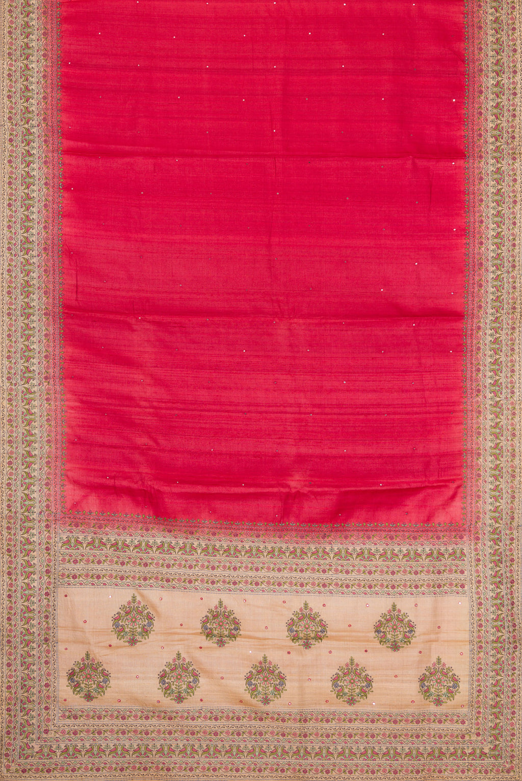 Flat view of Pink Dual Tone Tussar Silk Saree with Embroidery on the body and Embroidery Border. 
