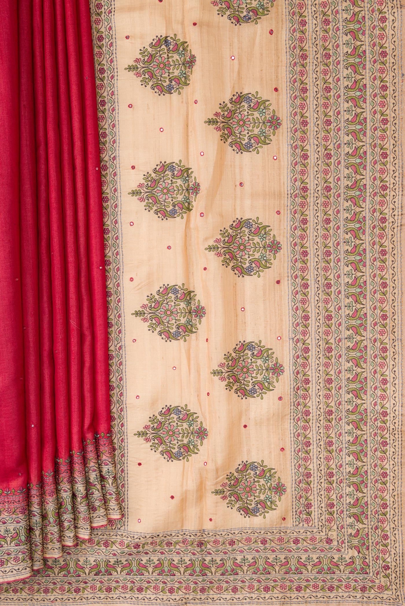 Pleats and pallu of Pink Dual Tone Tussar Silk Saree with Embroidery on the body and Embroidery Border. 