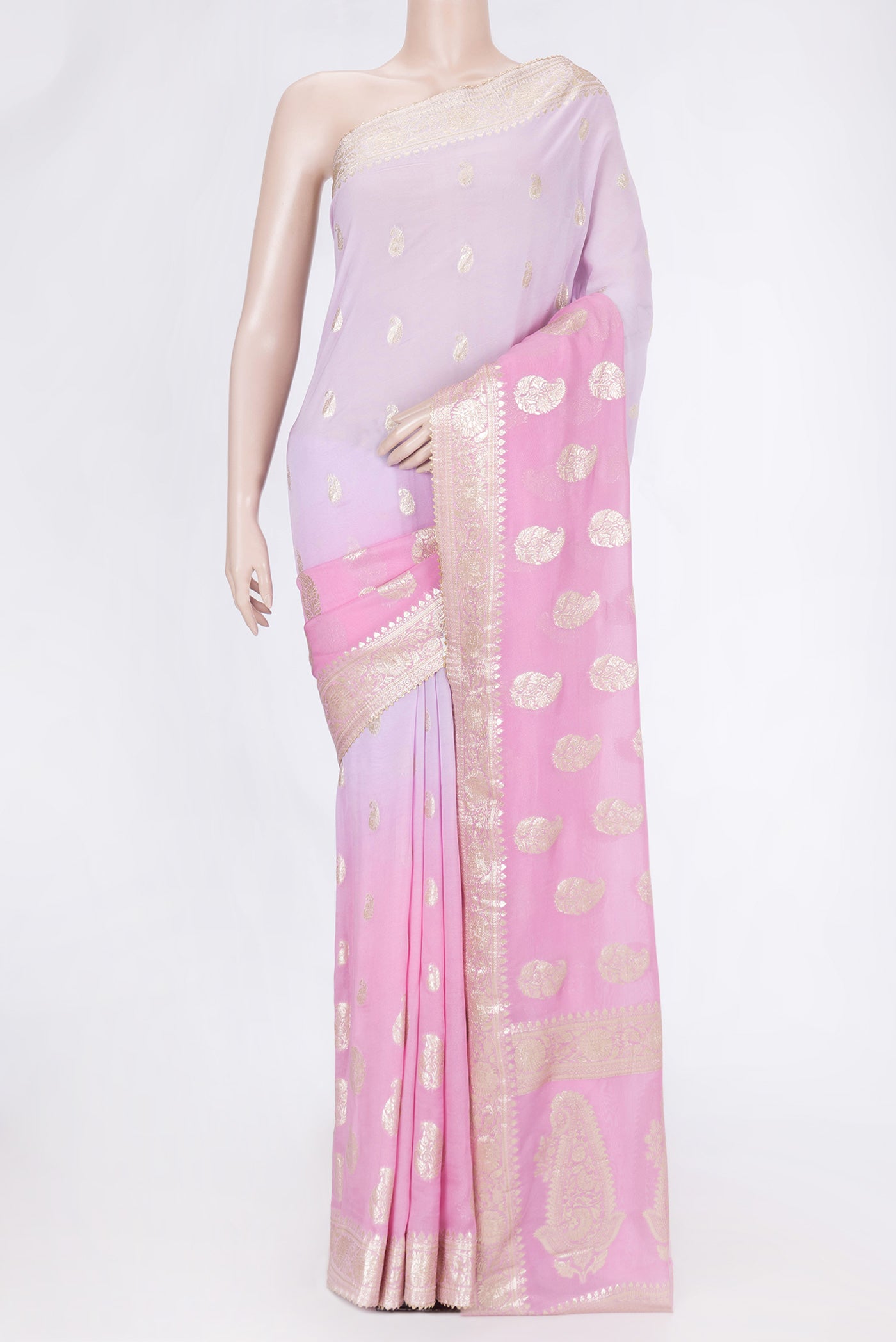 Pink and Lavender Color Blended Mysore Georgette Saree with Zari Butta on the body and Zari Border.  displayed on a mannequin