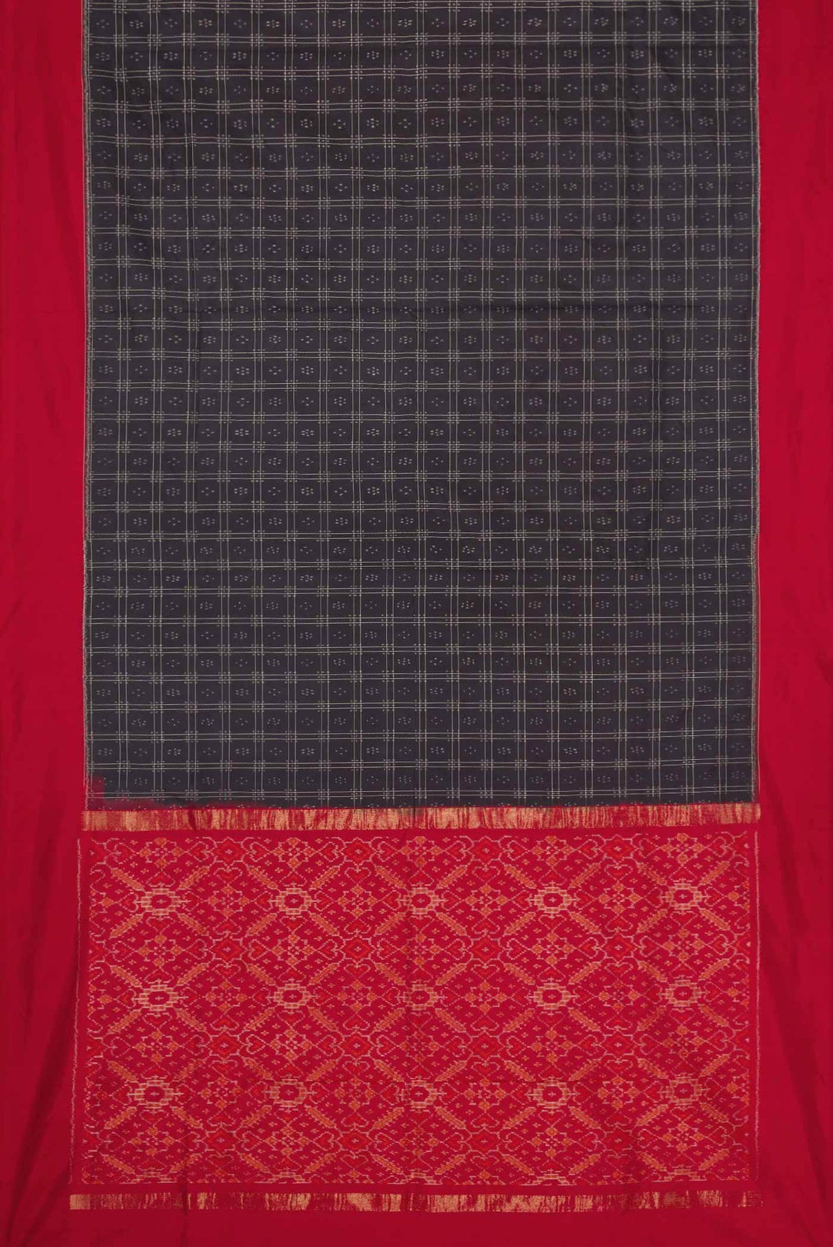 Flat view of Black Dual Tone Double Ikat Saree with Ikat Print on the body and Plain Border