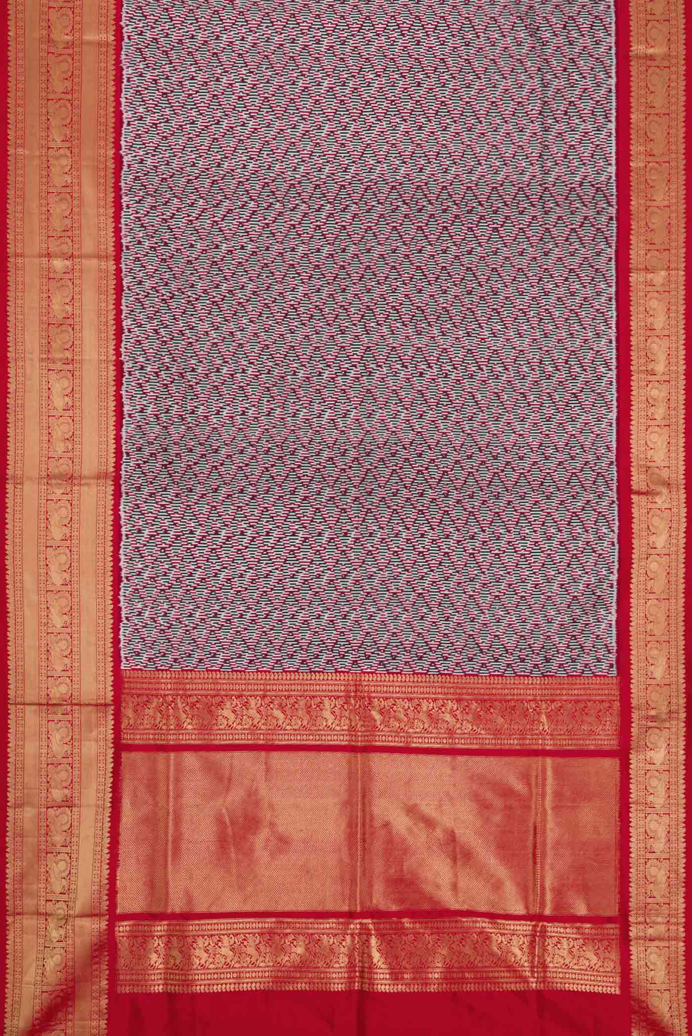 Flat view of Burgundy Dual Tone Double Ikat Saree with Ikat Print on the body and Zari Border