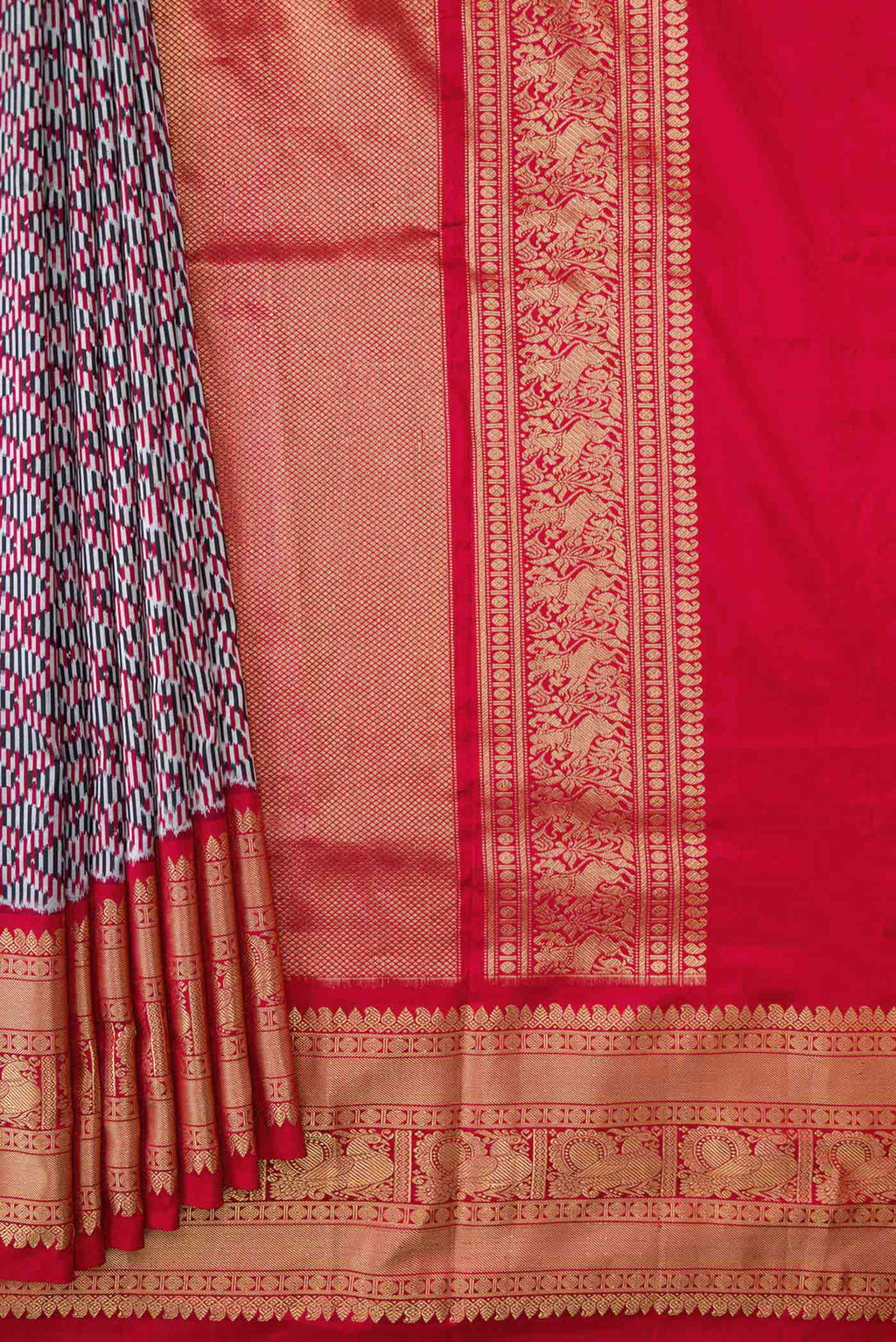 Pleats and pallu of Burgundy Dual Tone Double Ikat Saree with Ikat Print on the body and Zari Border