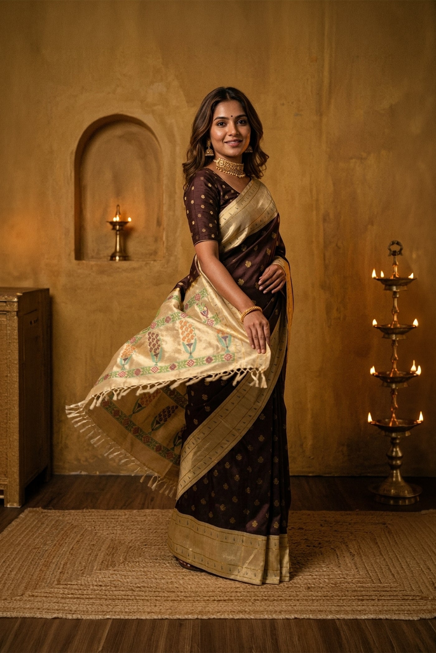 Model wearing a Coffee Brown Paithani Silk Saree with Zari Butta on the body and Paithani Border.