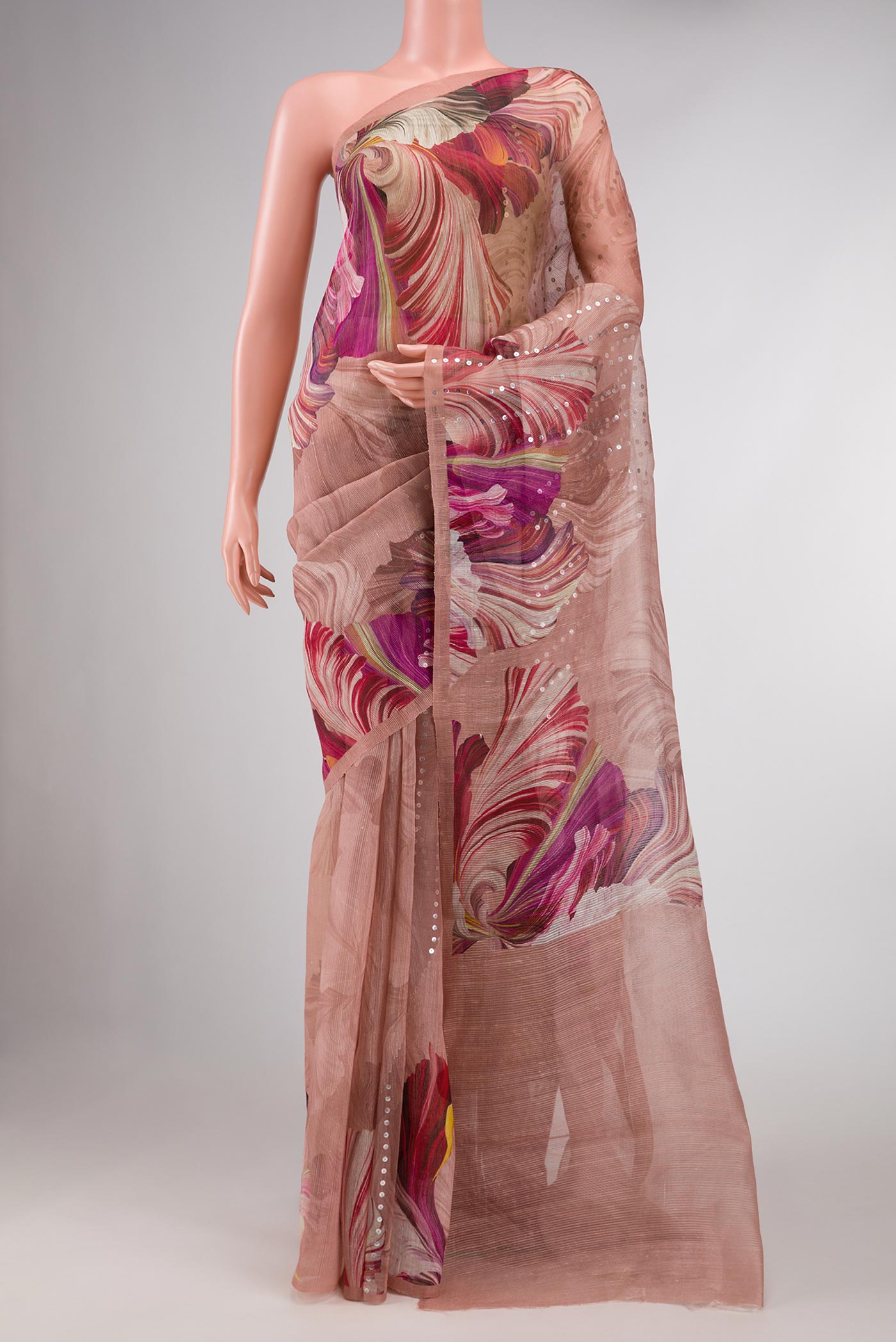 Peach Dual Tone Tussar Silk Saree with Embroidery on the body and Embroidery Border displayed on a mannequin