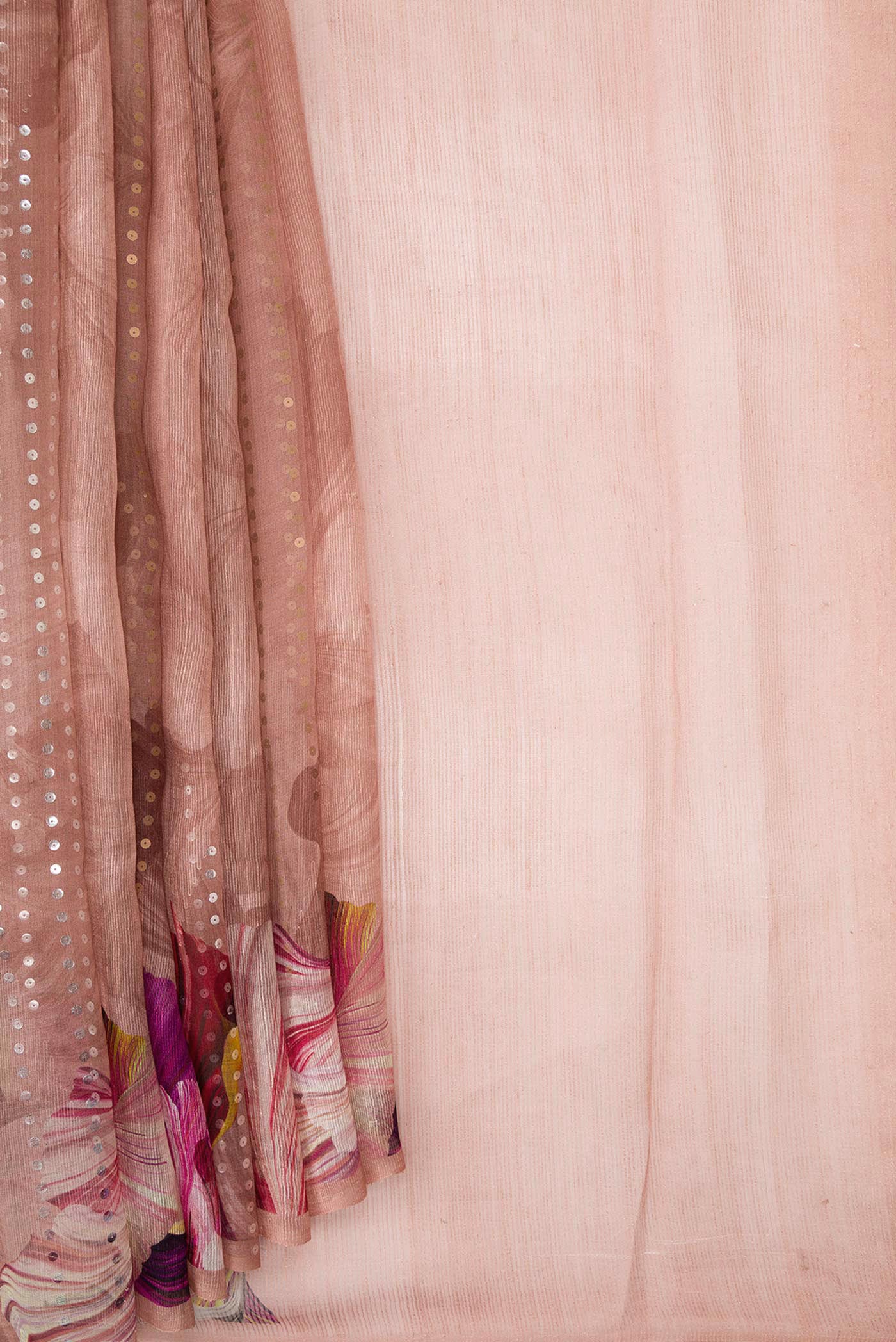 Pleats and pallu of Peach Dual Tone Tussar Silk Saree with Embroidery on the body and Embroidery Border