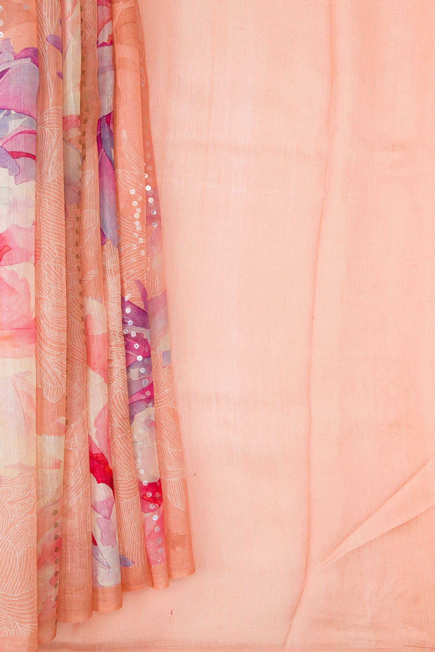 Pleats and pallu of Peach Dual Tone Tussar Silk Saree with Embroidery on the body and Embroidery Border