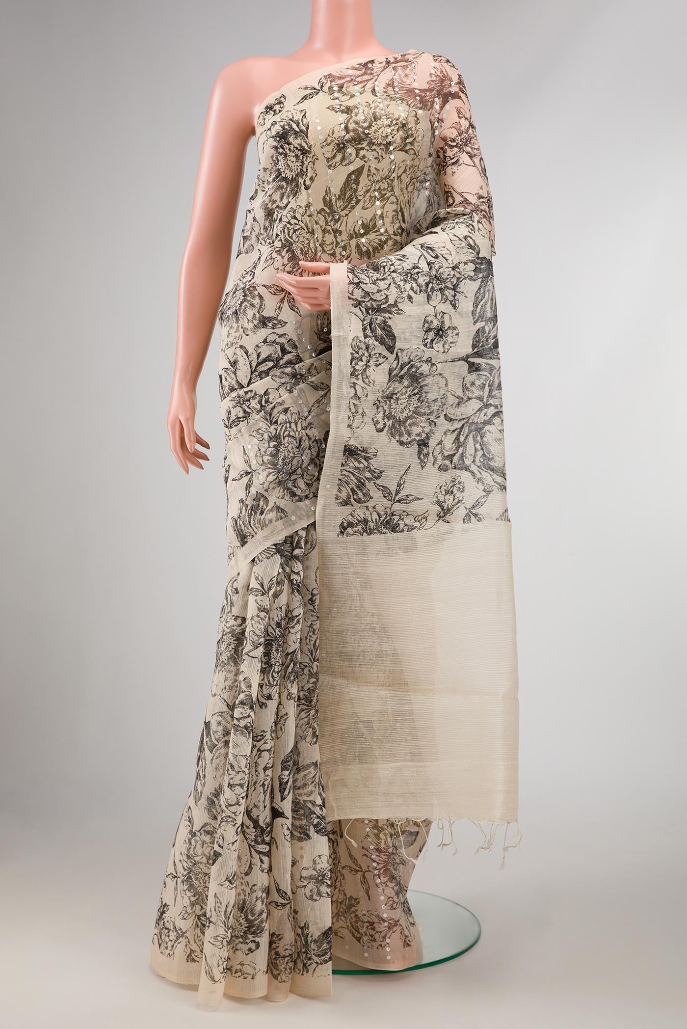 Sandal Dual Tone Tussar Silk Saree with Embroidery on the body and Without Border displayed on a mannequin