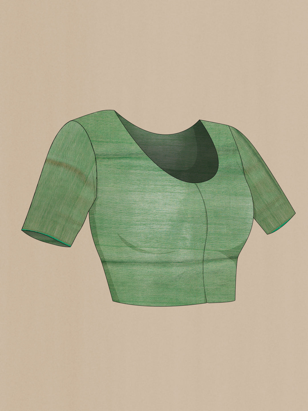 Close up image of the blouse of Green Dual Tone Tussar Silk Saree with Printed design on the body and Embroidery Border. 