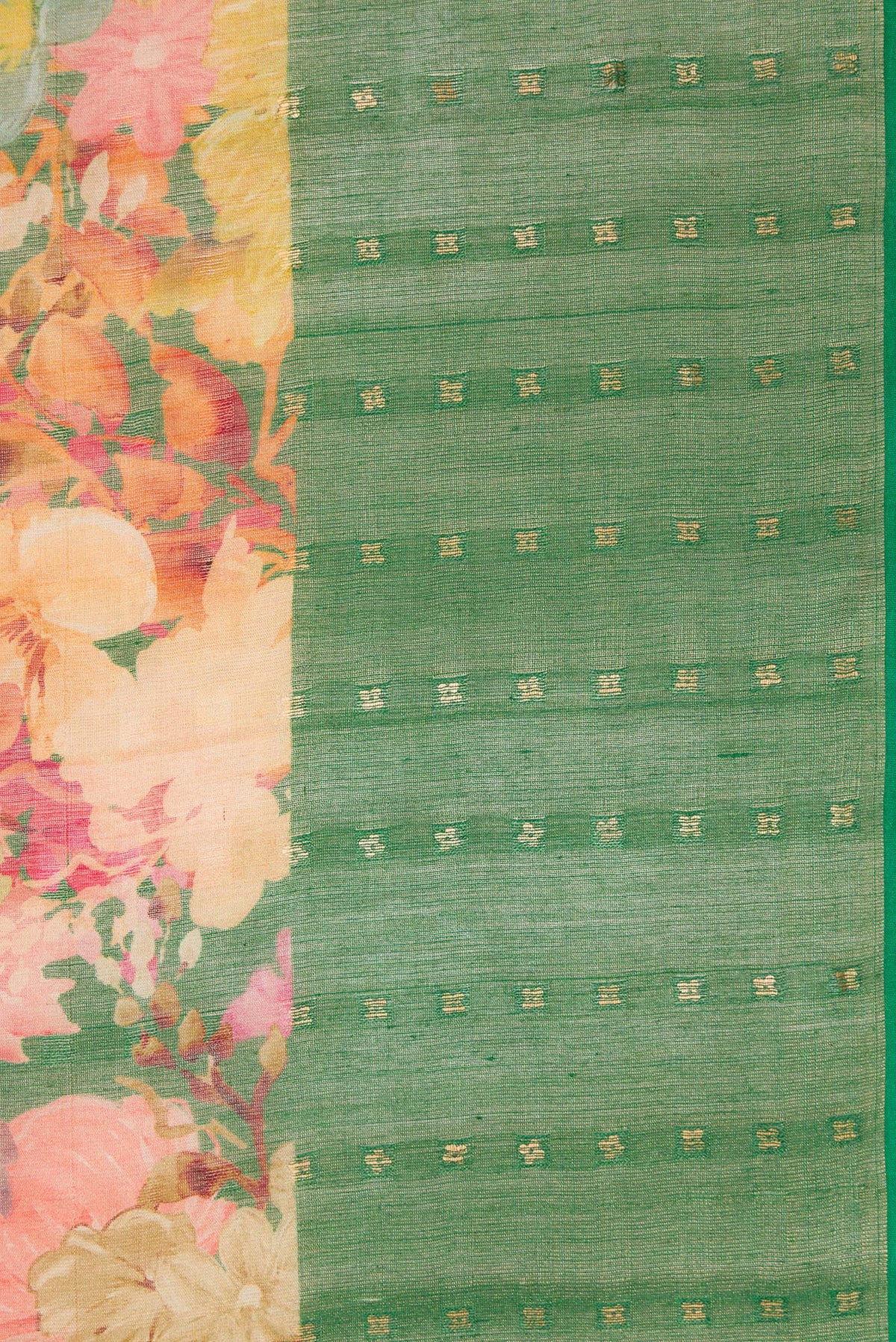 Border image of Green Dual Tone Tussar Silk Saree with Printed design on the body and Embroidery Border. 